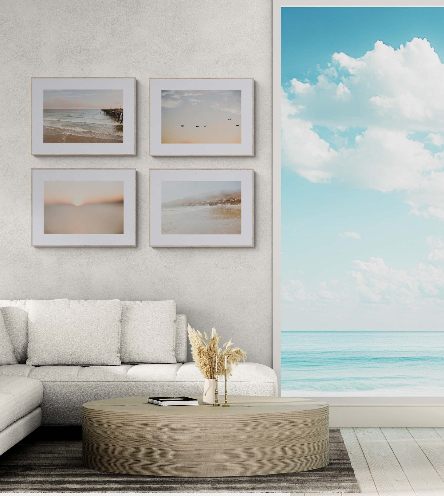 Set of four photograph prints of pismo beach california in a living room