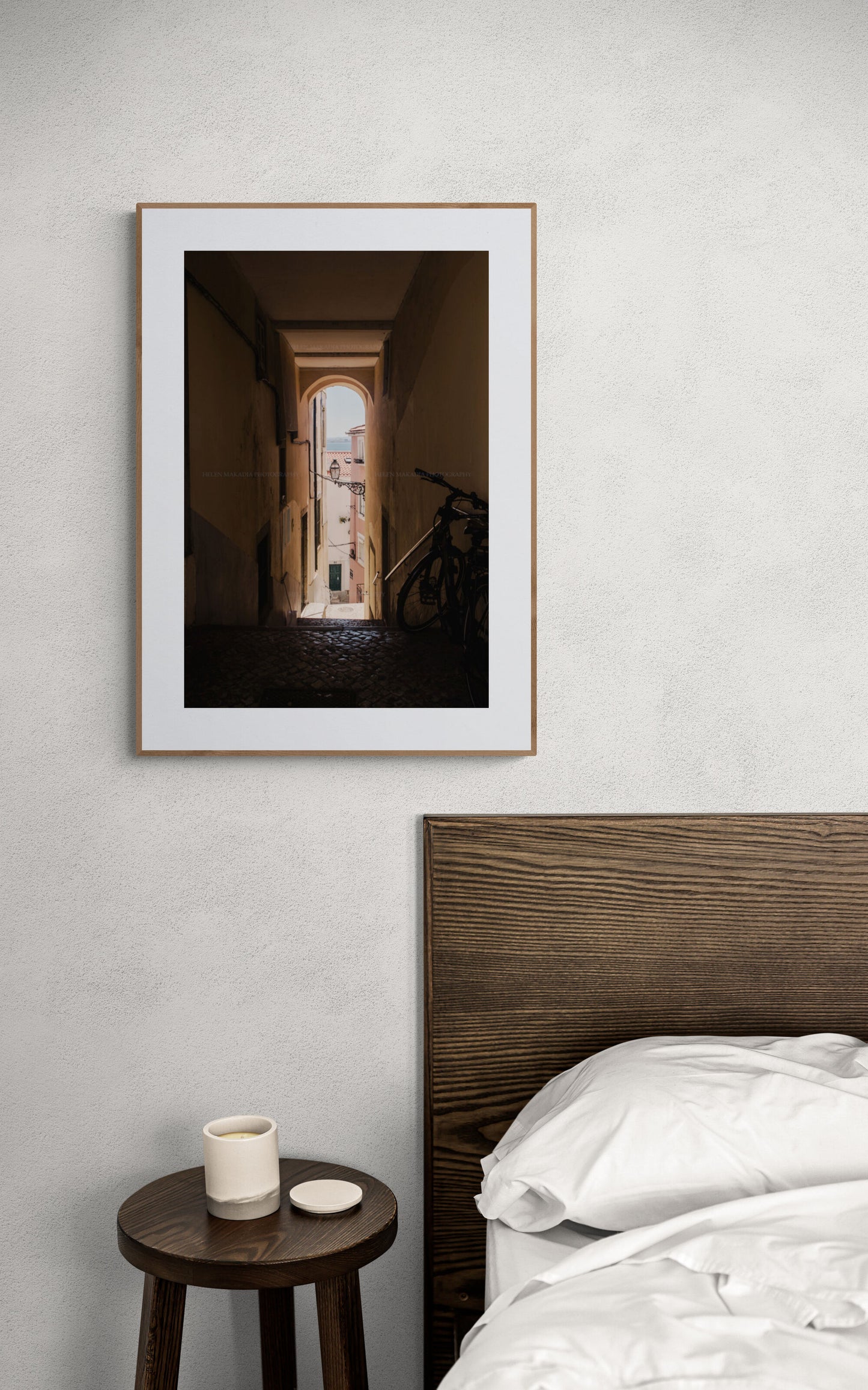 Lisbon narrow street and staircase as wall art in a bedroom