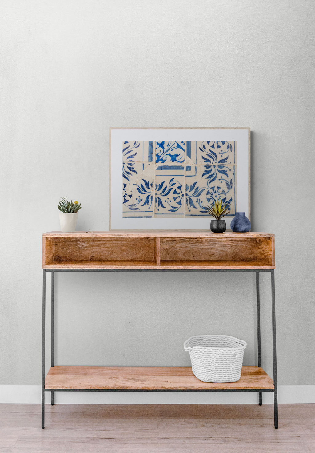 Portuguese tile azulejos photograph on a console as entryway wall art