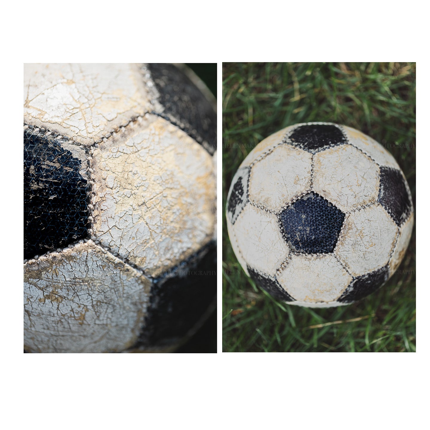 A set of two photographs of a well loved, distresssed soccer ball.