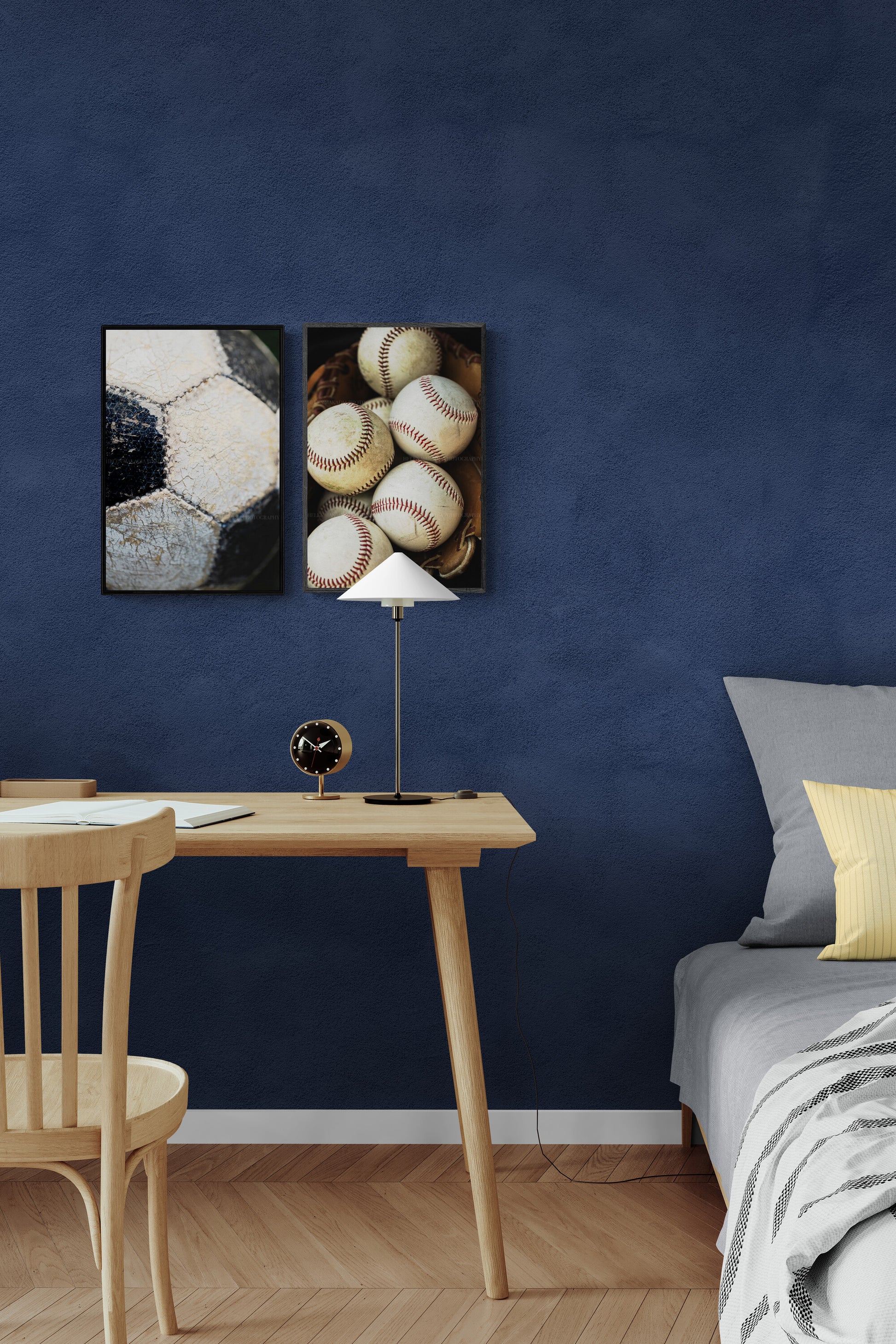 Sporty teen boy bedroom inspo with soccer and baseball photographs as wall art.
