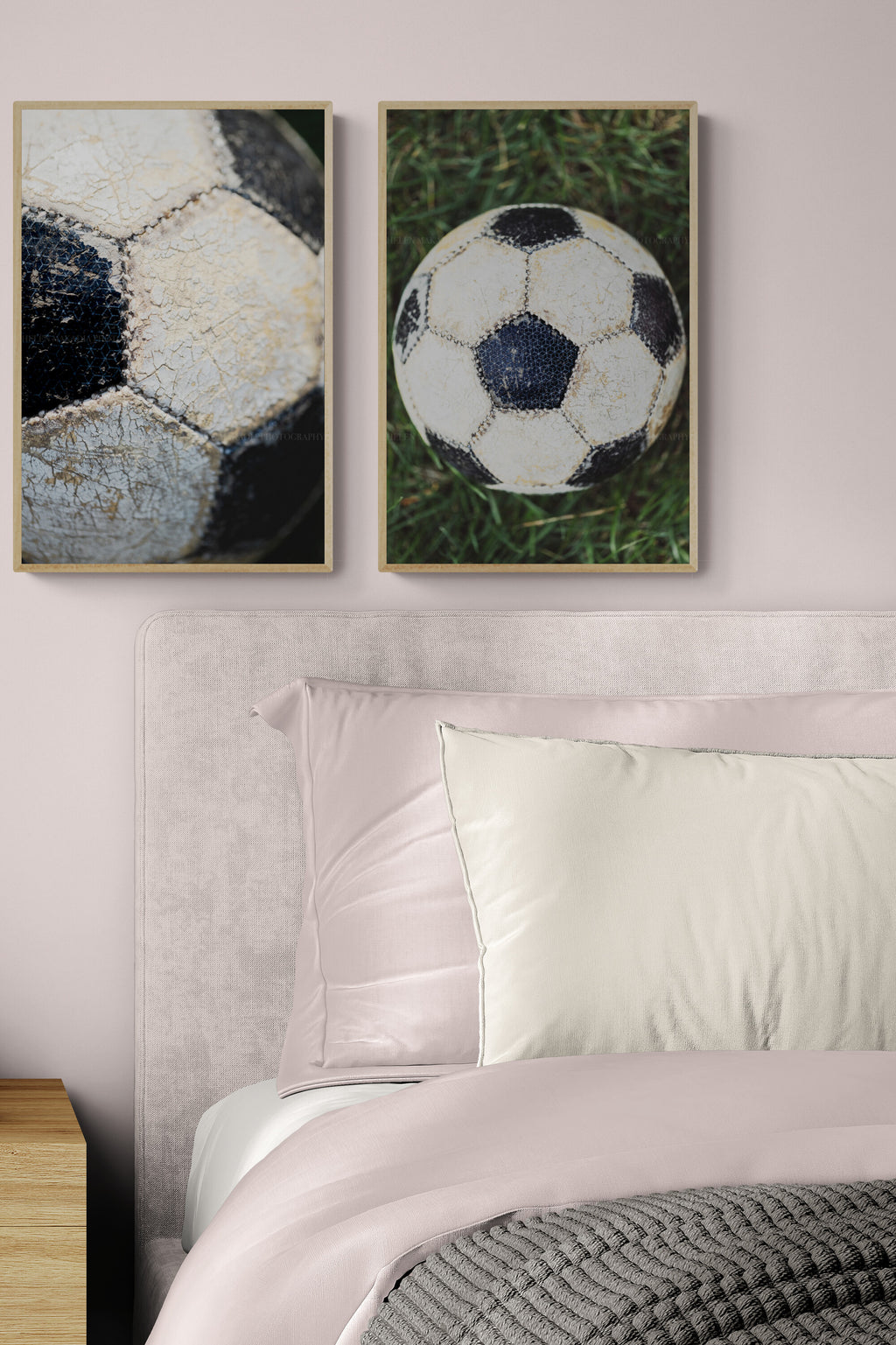 Sporty tween and teen girl bedroom inspo with set of two soccer photographs as wall art.