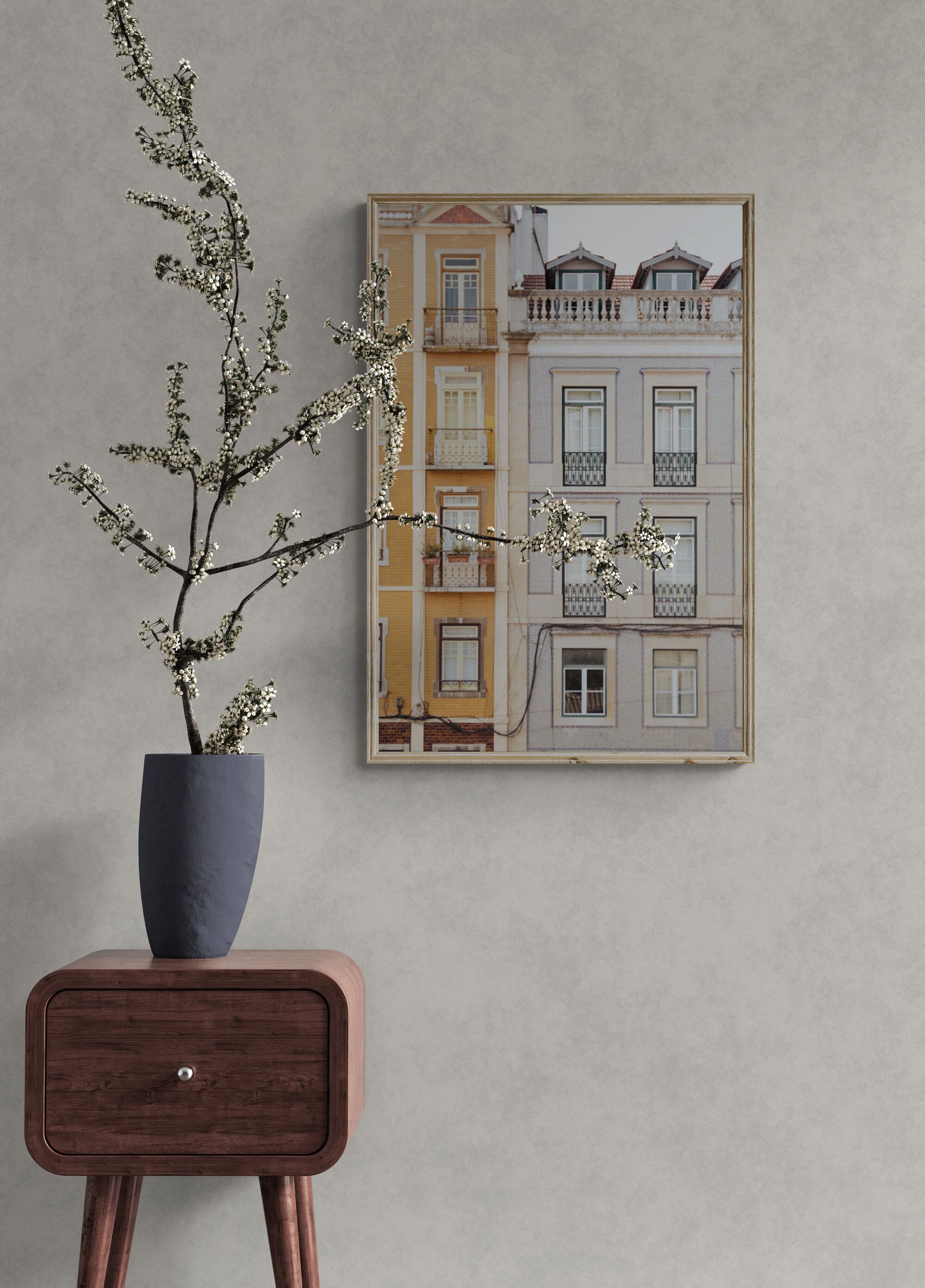 Tiled buildings of lisbon portugal photography print as home decor in an entryway