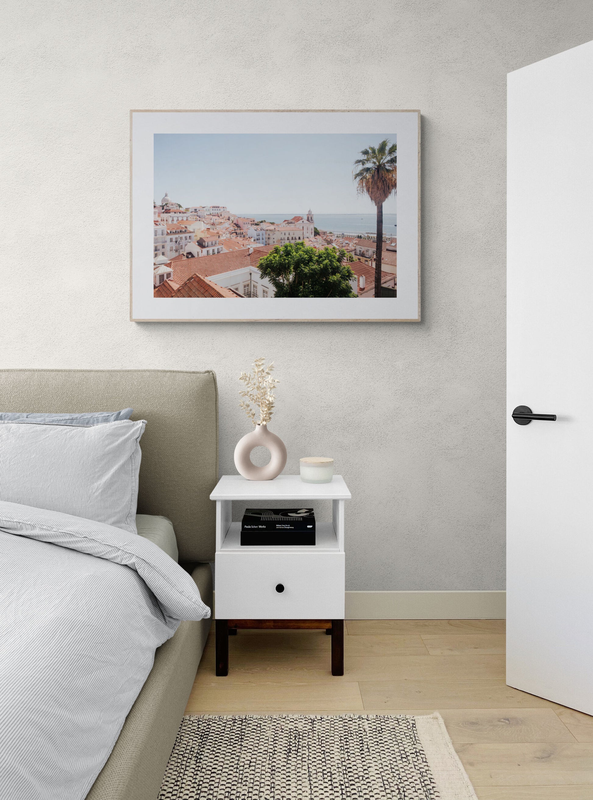 Lisbon Portugal rooftops photograph as travel wall art in a bedroom
