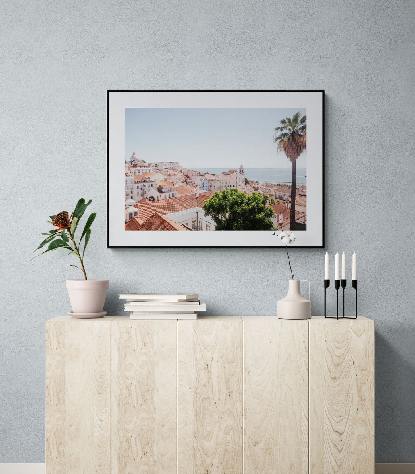 Lisbon Portugal rooftops photograph as travel wall art above a console