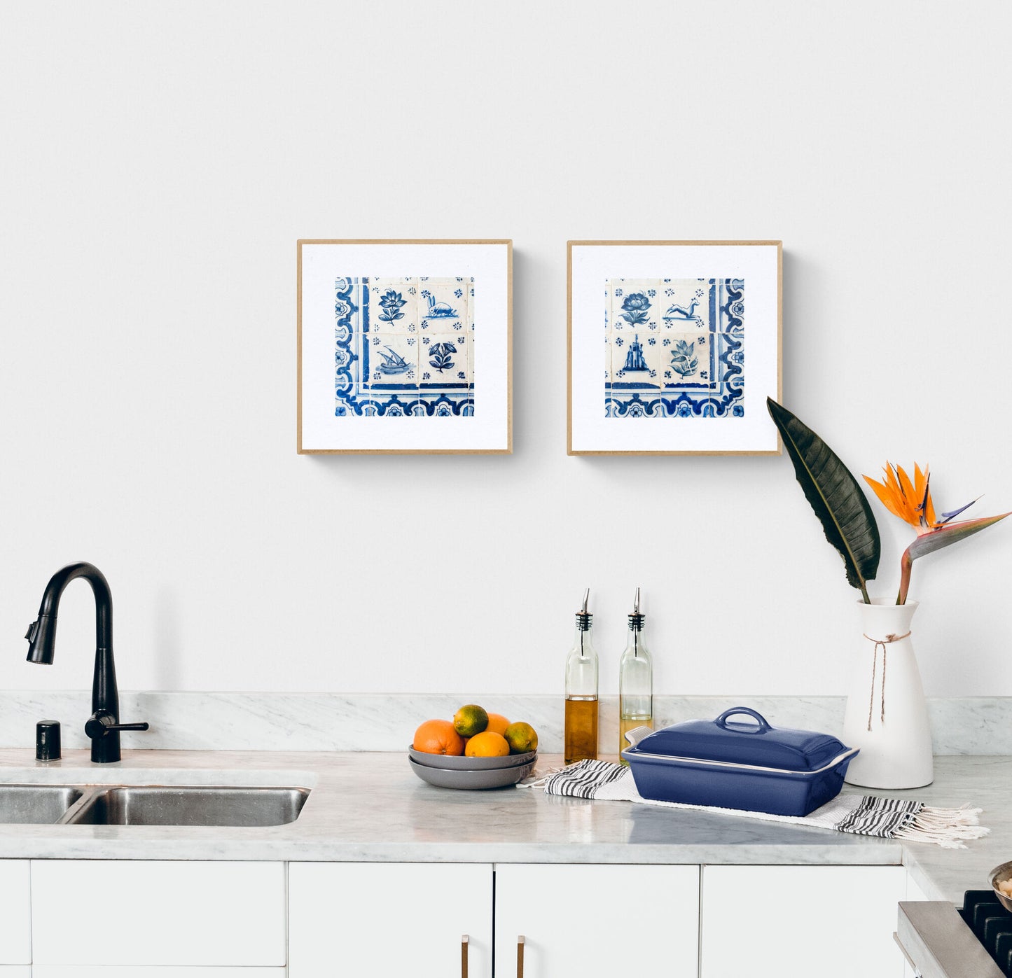 Two Square LIsbon Tile Photograph Prints in a Kitchen