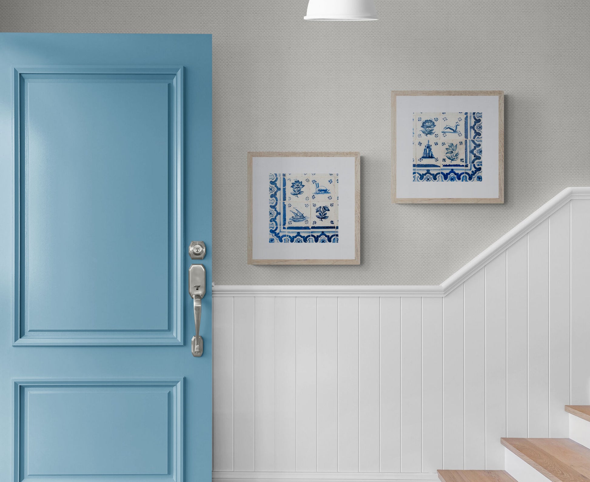 Two Square LIsbon Tile Photograph Prints in an Entryway