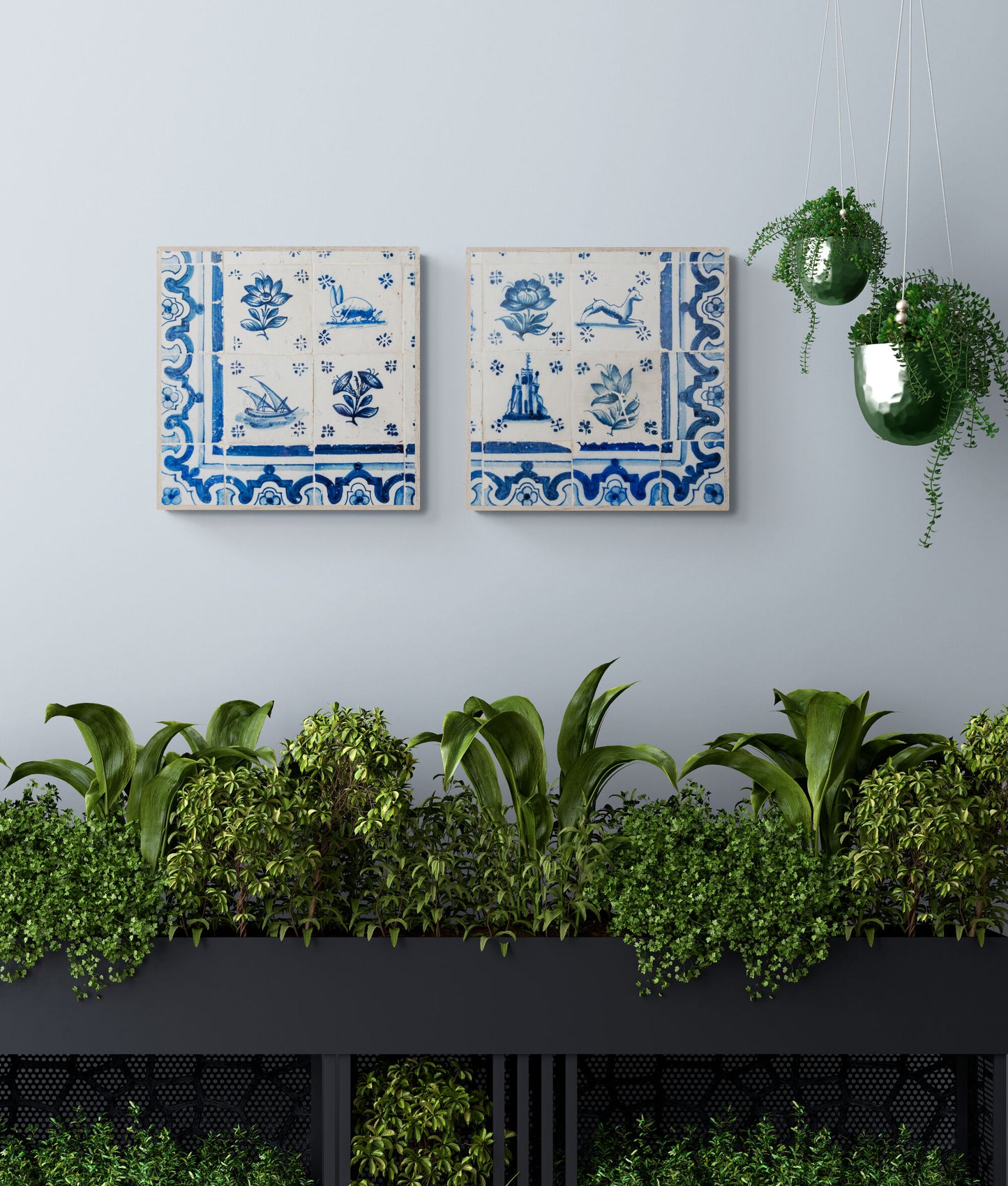 Two Square LIsbon Tile Photograph Prints in an outdoor garden