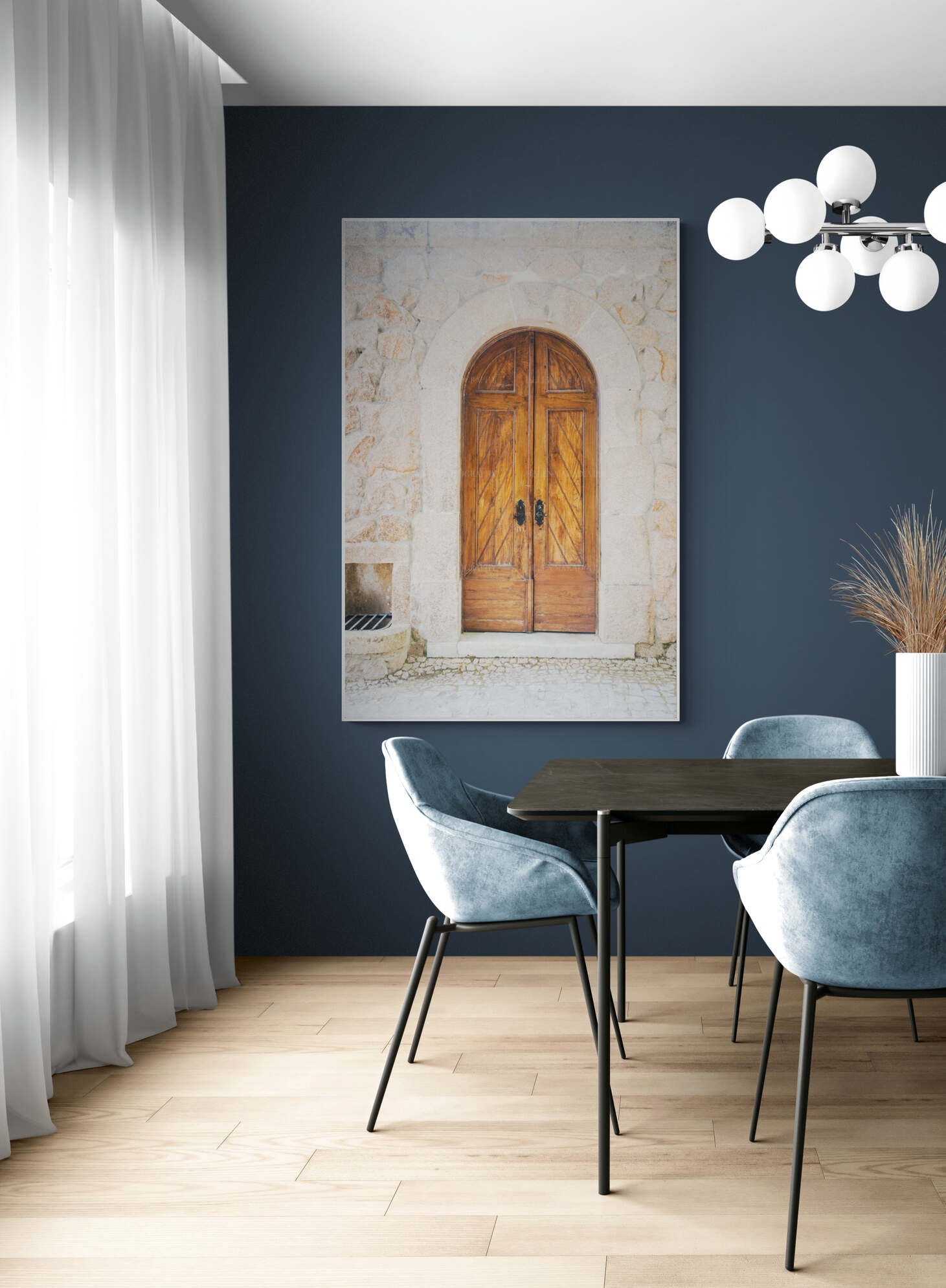 Arched wooden door photograph of sintra portugal as wall art in a dining room