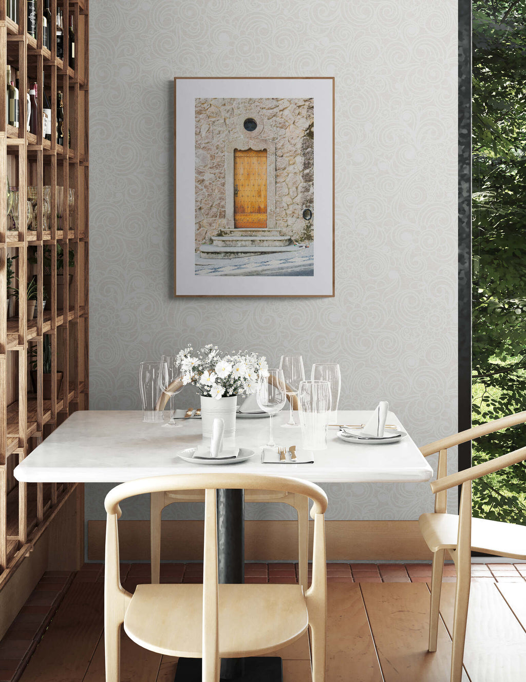 Wooden door photograph of sintra portugal as wall art in a restaurant