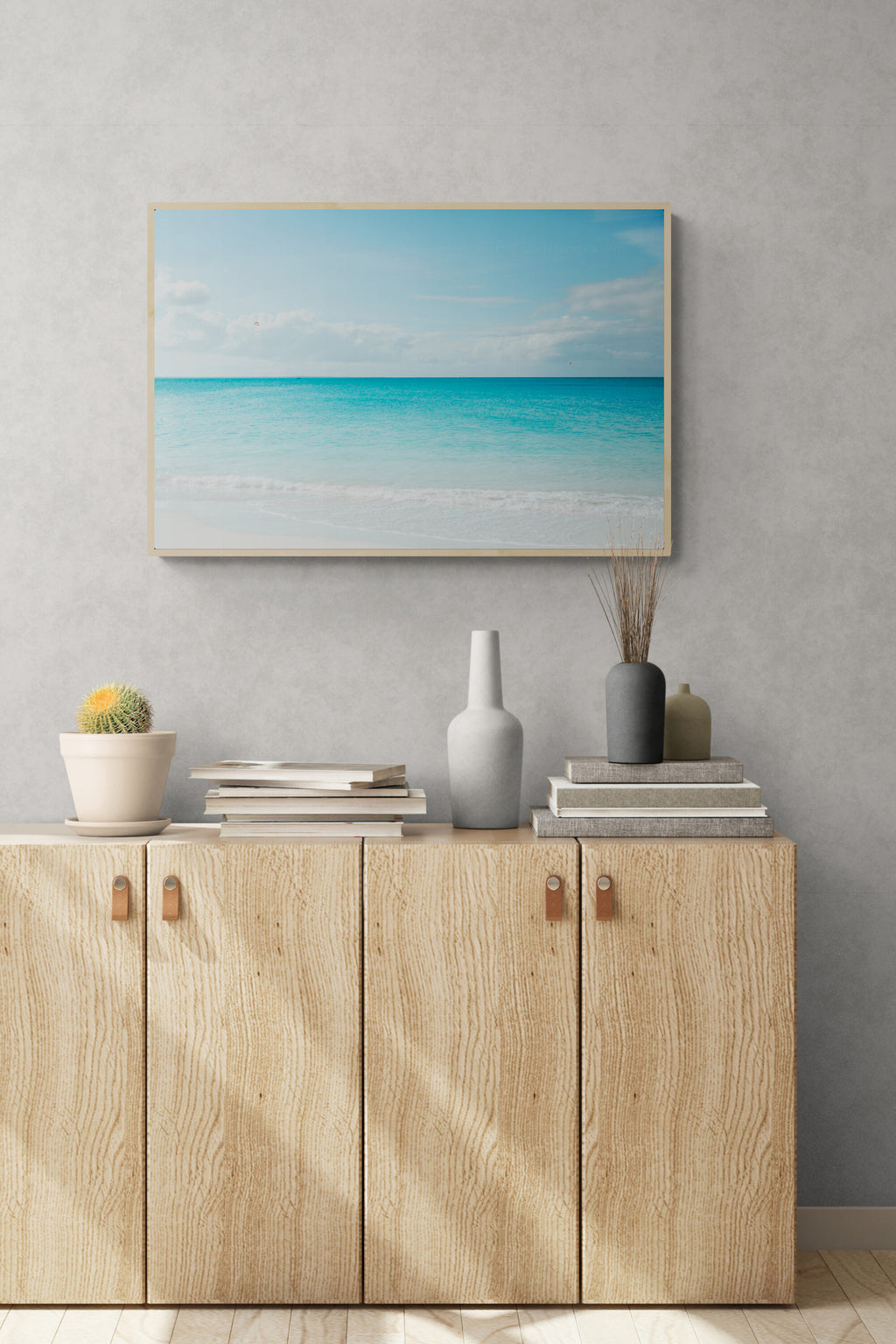 A photograph of the beaches of turks and caicos as living room wall art.