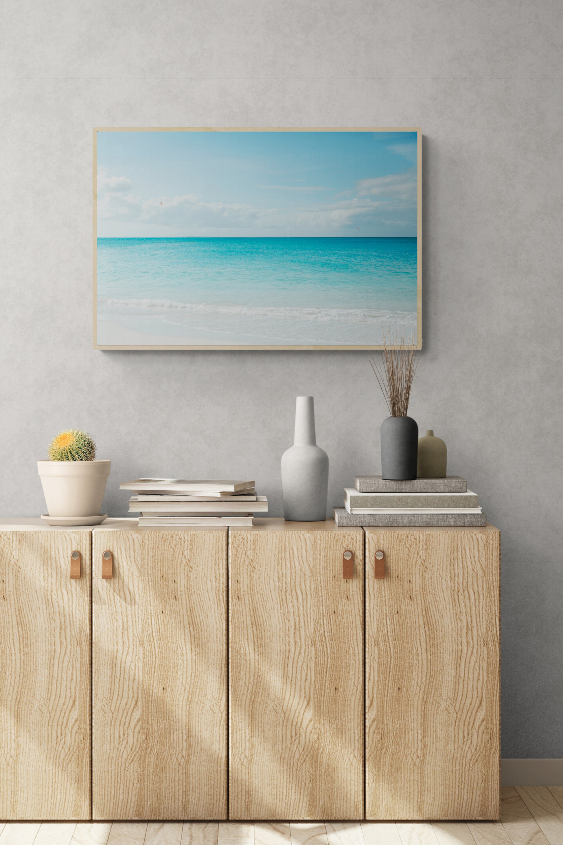 A photograph of the beaches of turks and caicos as living room wall art.