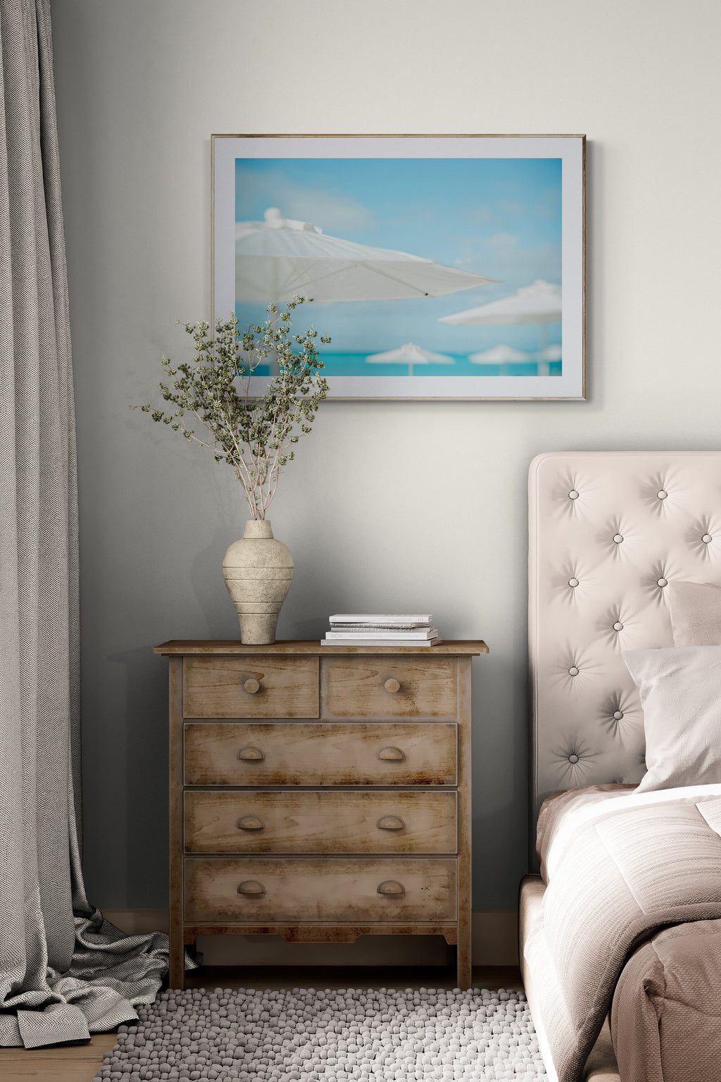 A photograph of white umbrellas on the beaches of turks and caicos as bedroom wall art.