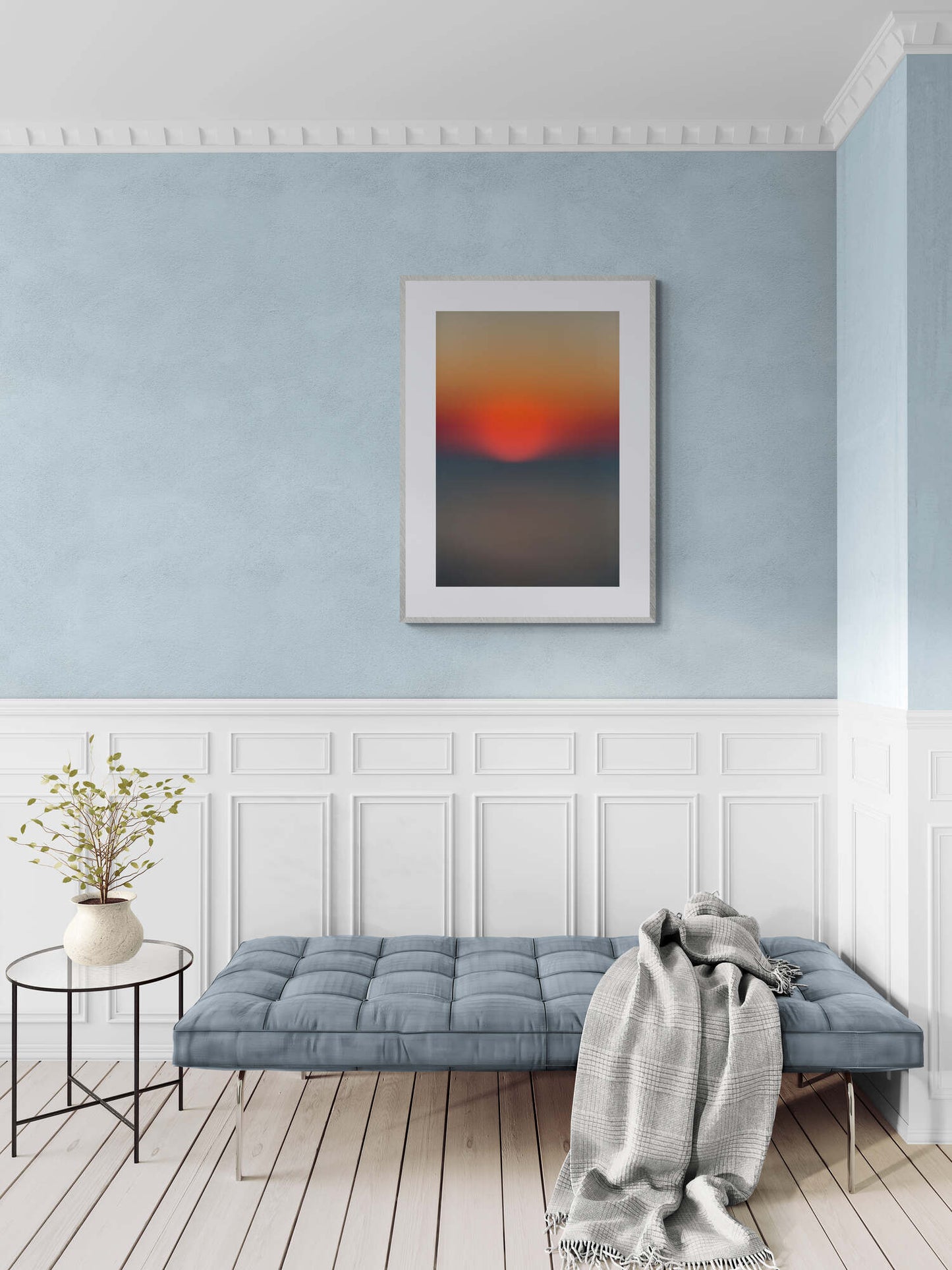 abstract beach photograph of sun setting in a living room