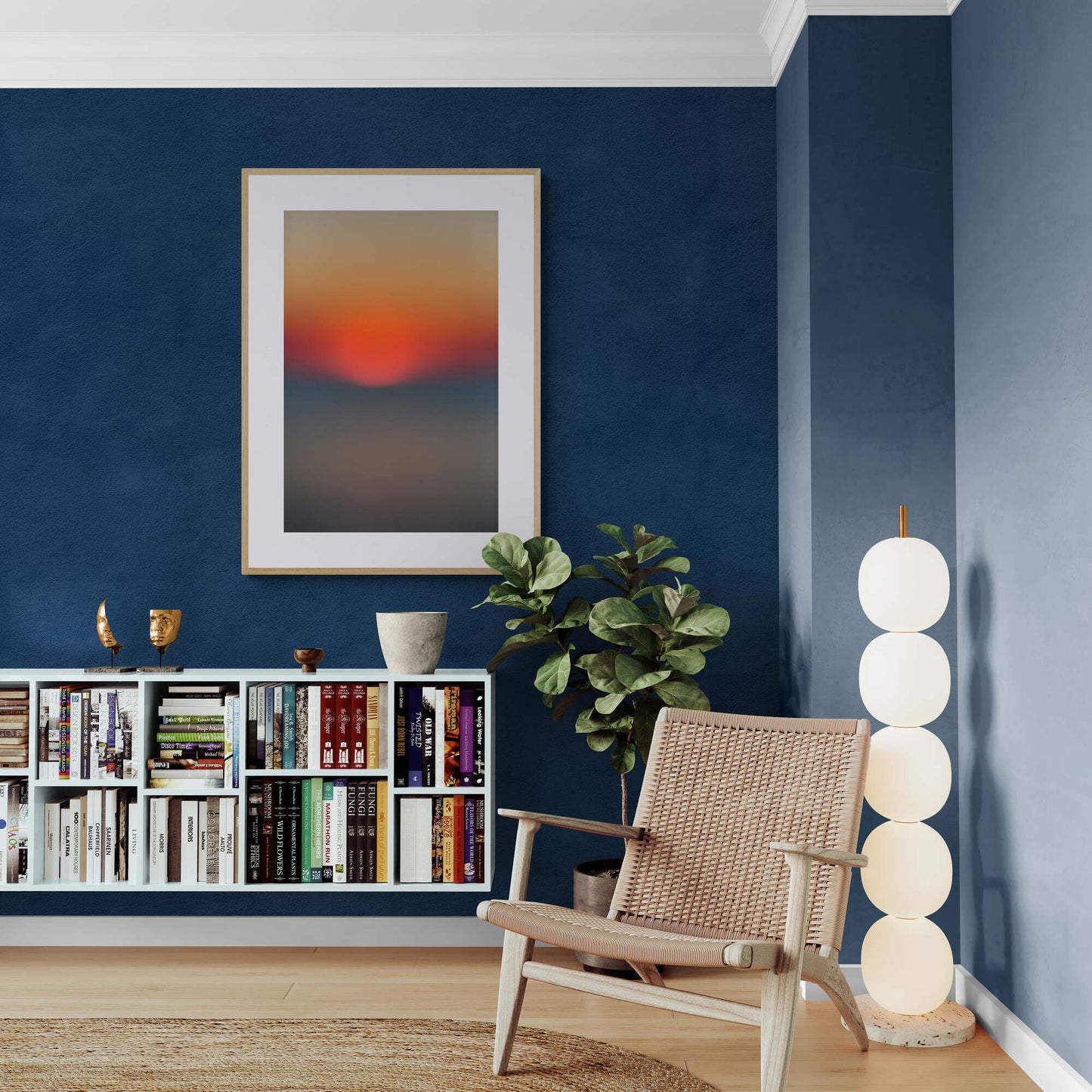 abstract beach photograph of sun setting in a lounge room as wall art