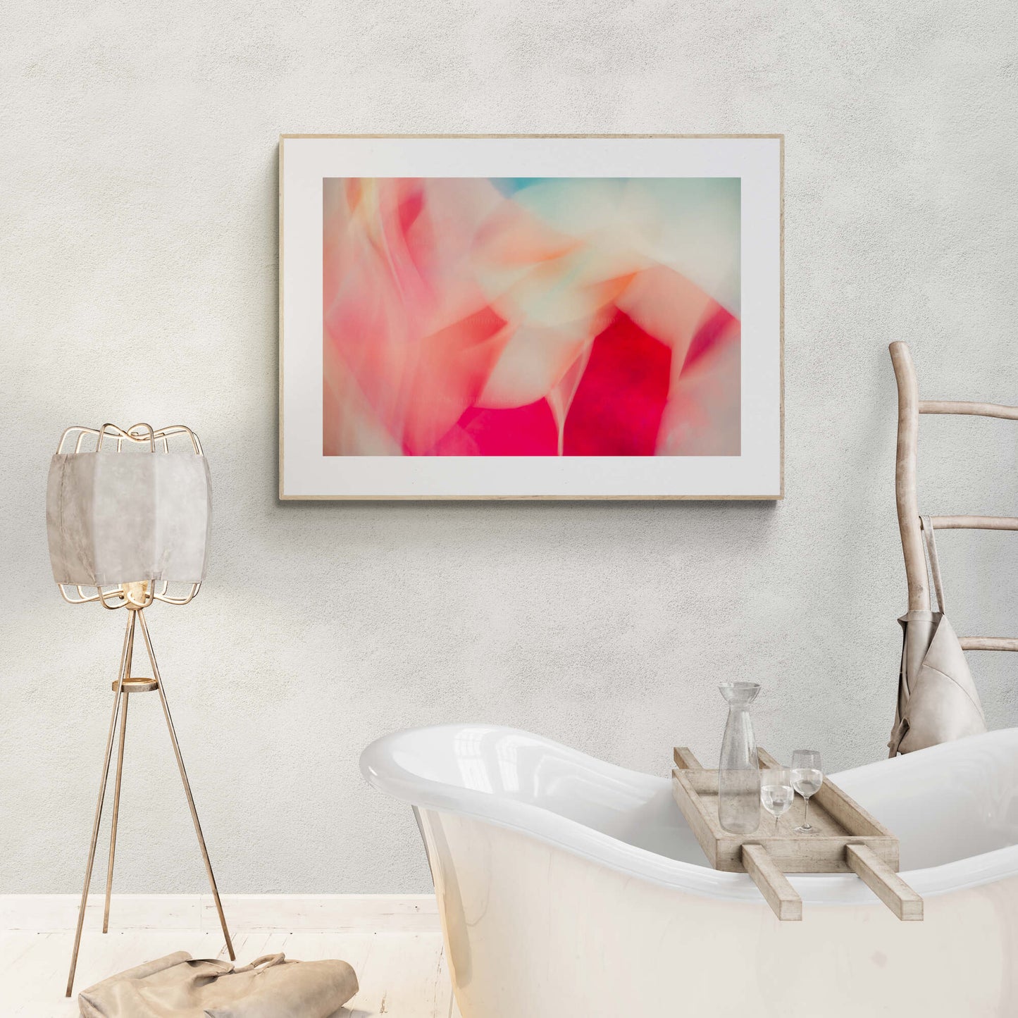 Abstract coral pink teal photograph print as bathroom wall art