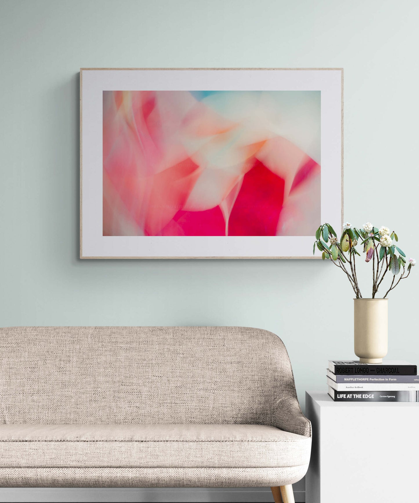 Abstract coral pink teal photograph print as living rooj wall art