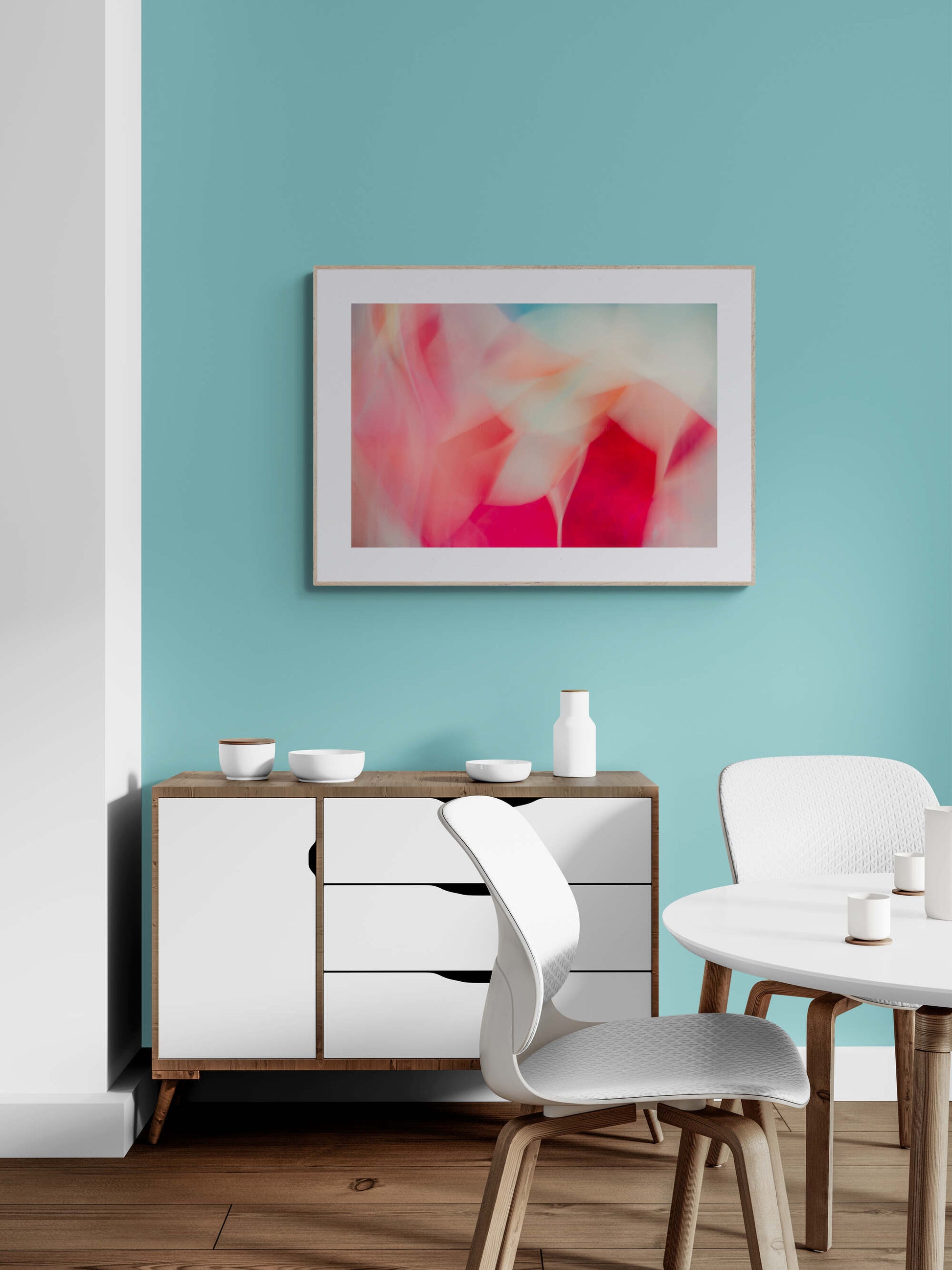 Abstract coral pink teal photograph print as dining room wall art