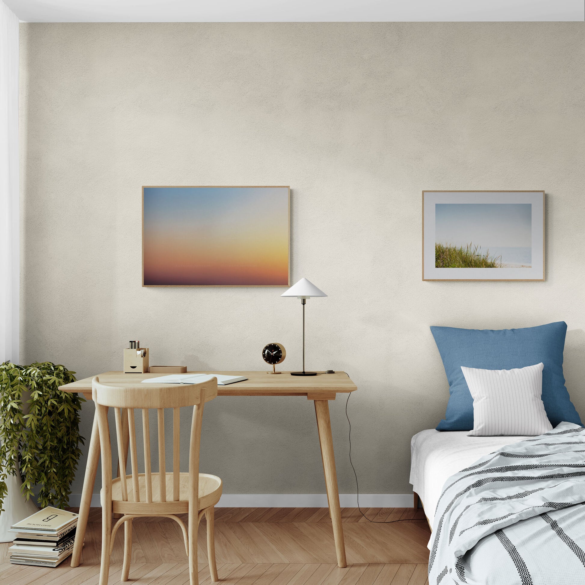 Abstract sunset and cape cod ocean photograph prints as wall art in a bedroom and study space