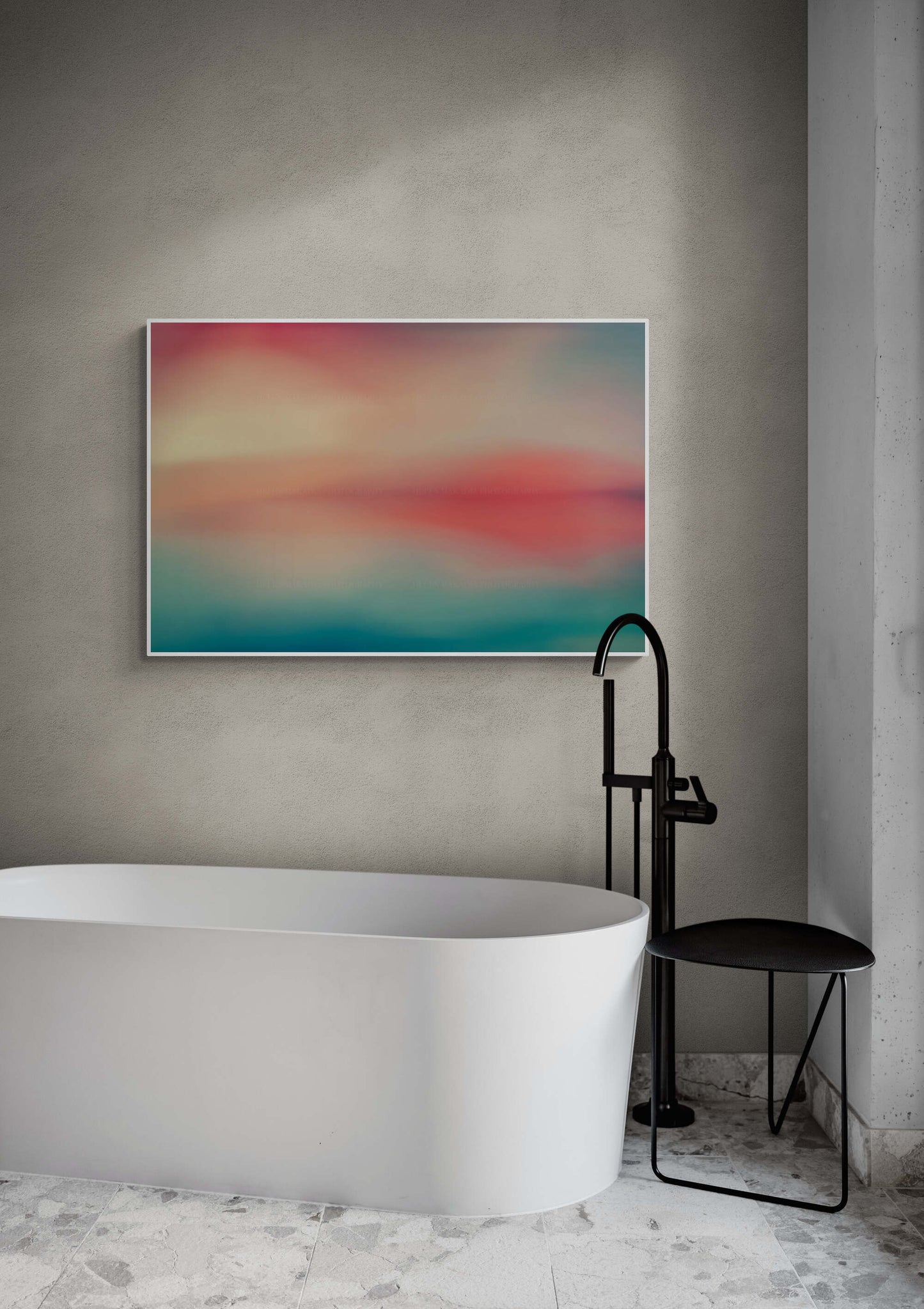 Abstract reflects of blues, greens, teals and coral and peach through long exposure as wall art in a bathroom