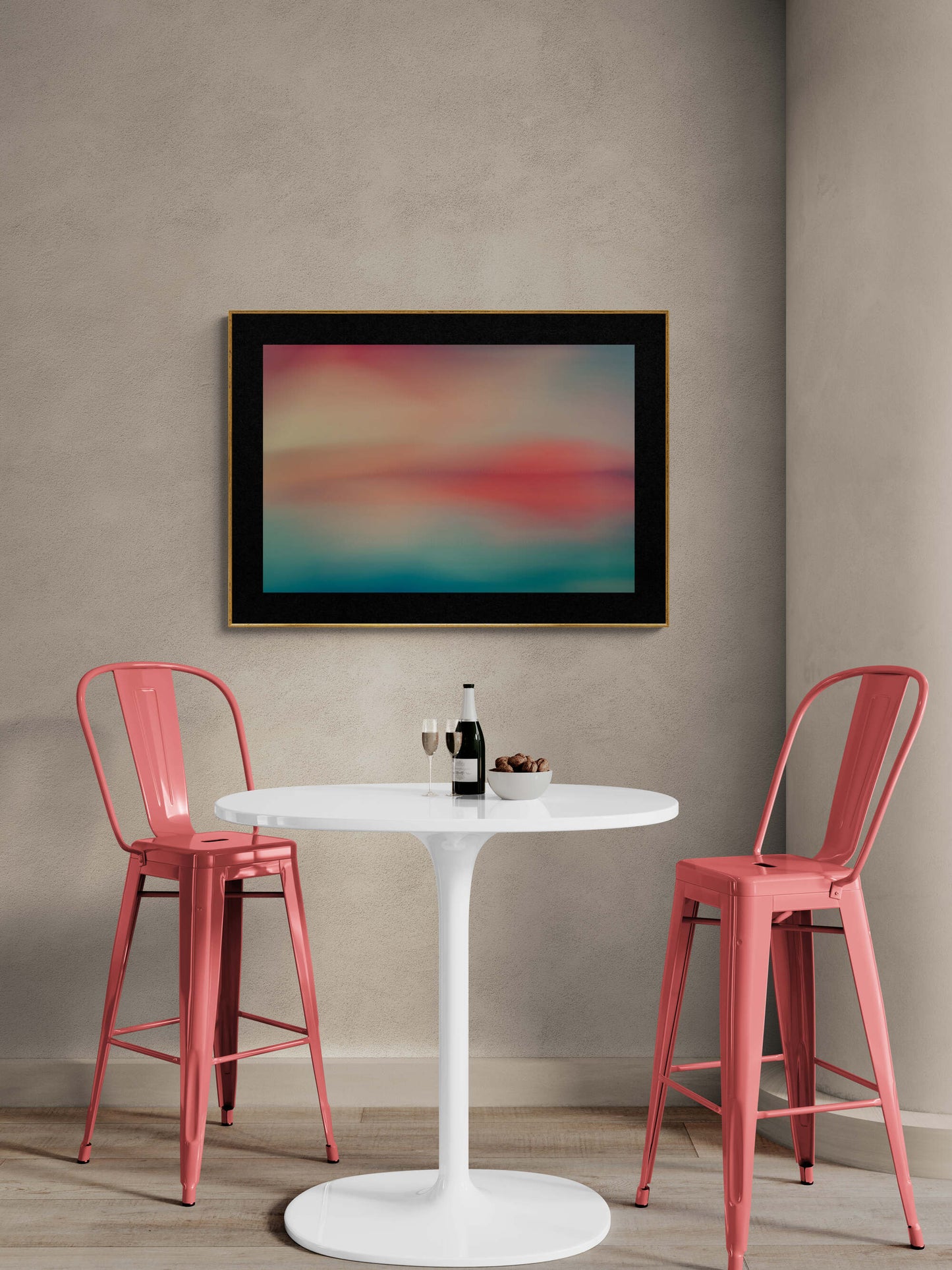 Abstract reflects of blues, greens, teals and coral and peach through long exposure as wall art in a kitchen