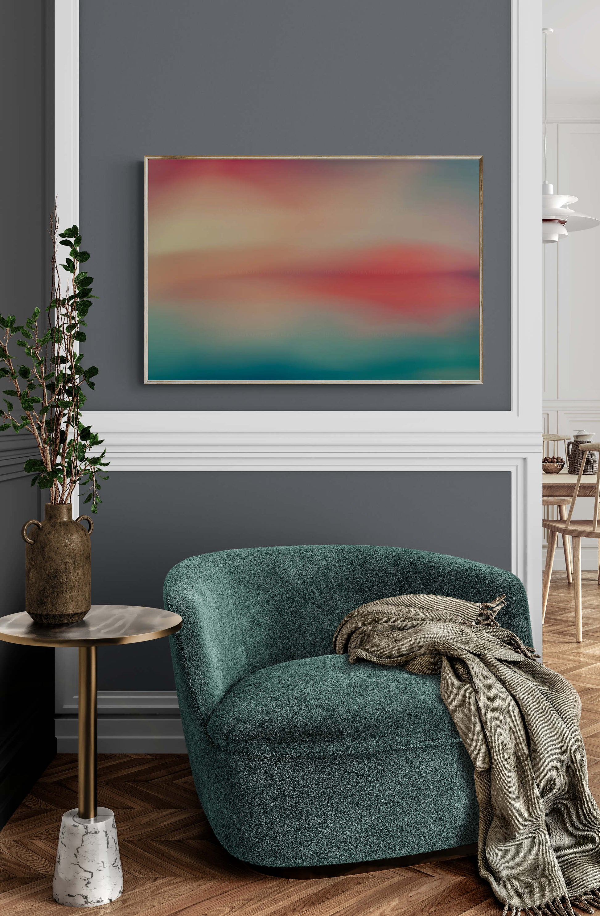Abstract reflects of blues, greens, teals and coral and peach through long exposure as wall art in a living room