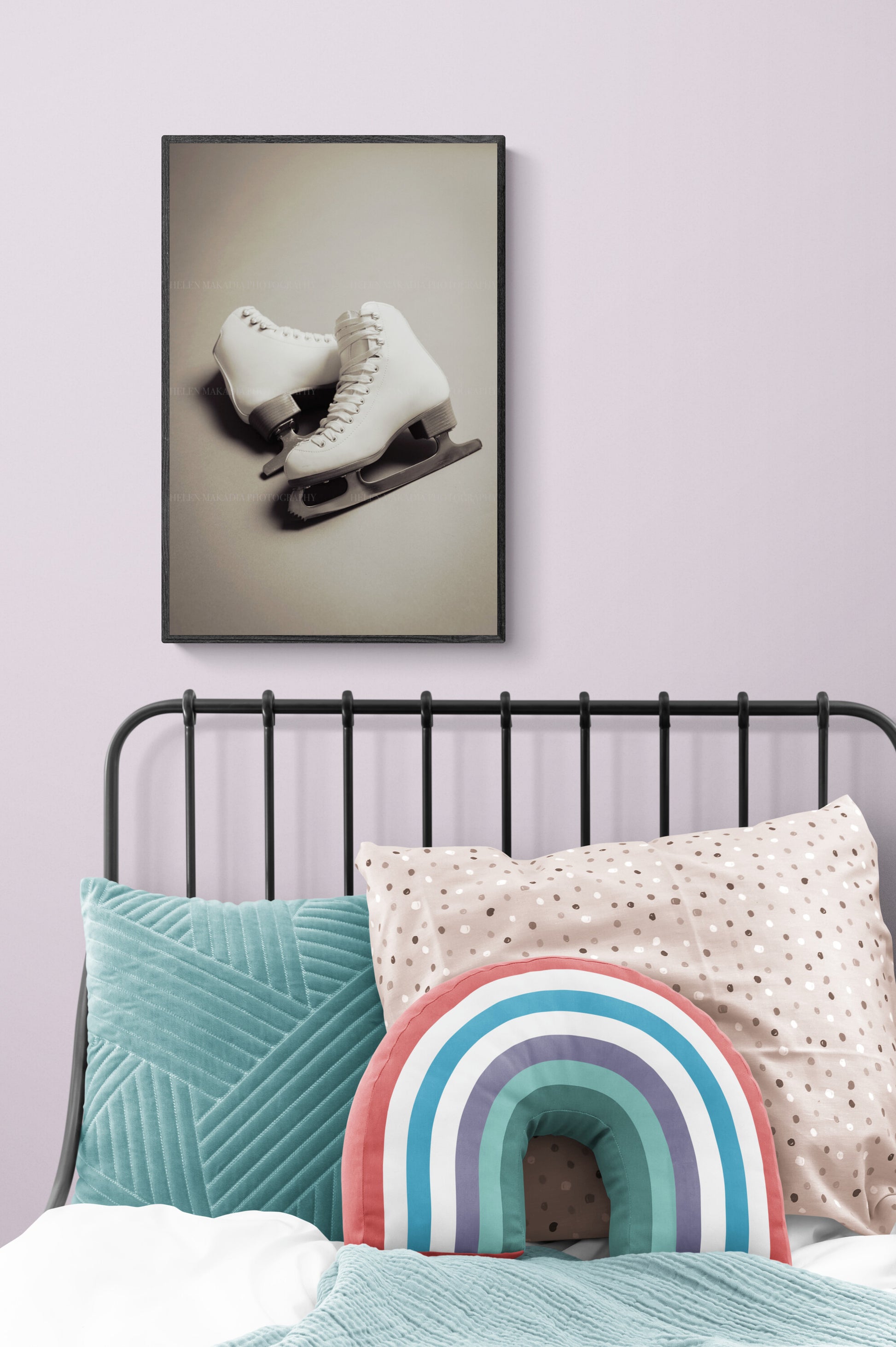 A BW photograph of a pair of figure skates as wall art for a child or teen bedroom as inspo