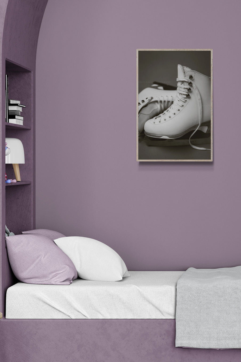 A photograph of white figure skates as wall as in a girl's bedroom as decor aesthetic and inspiration