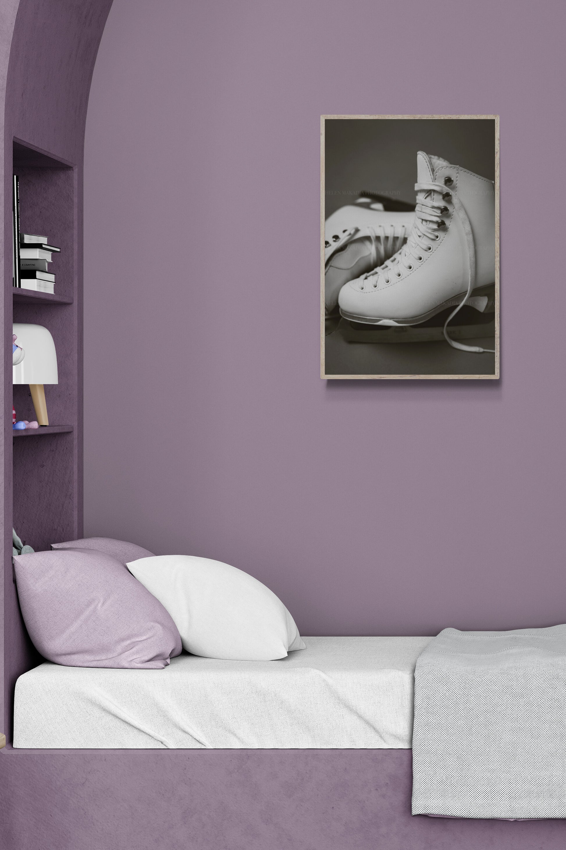 A photograph of white figure skates as wall as in a girl's bedroom as decor aesthetic and inspiration