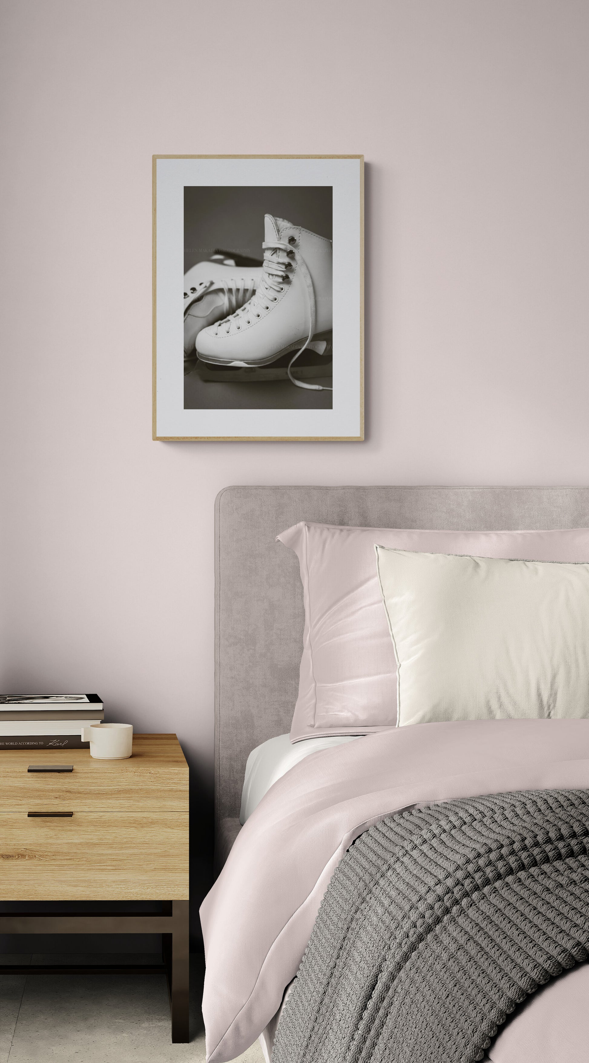A photograph of white figure skates as wall as in a teen bedroom as decor inspo