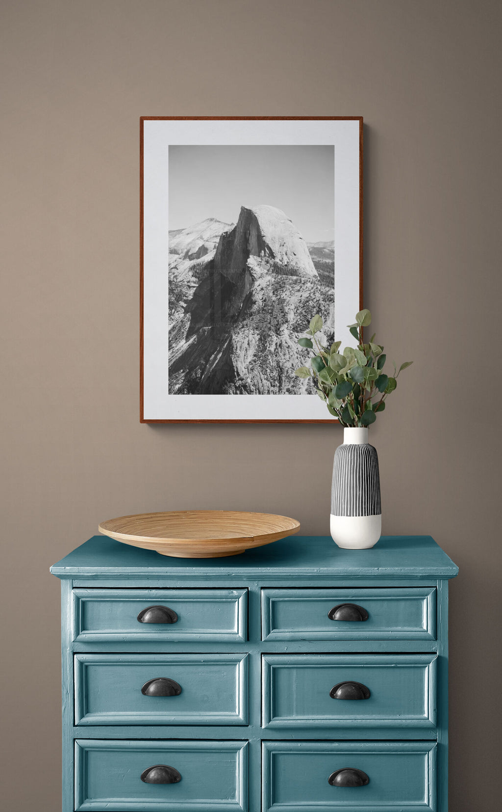black and white photograph of half dome yosemite as entryway wall art decor