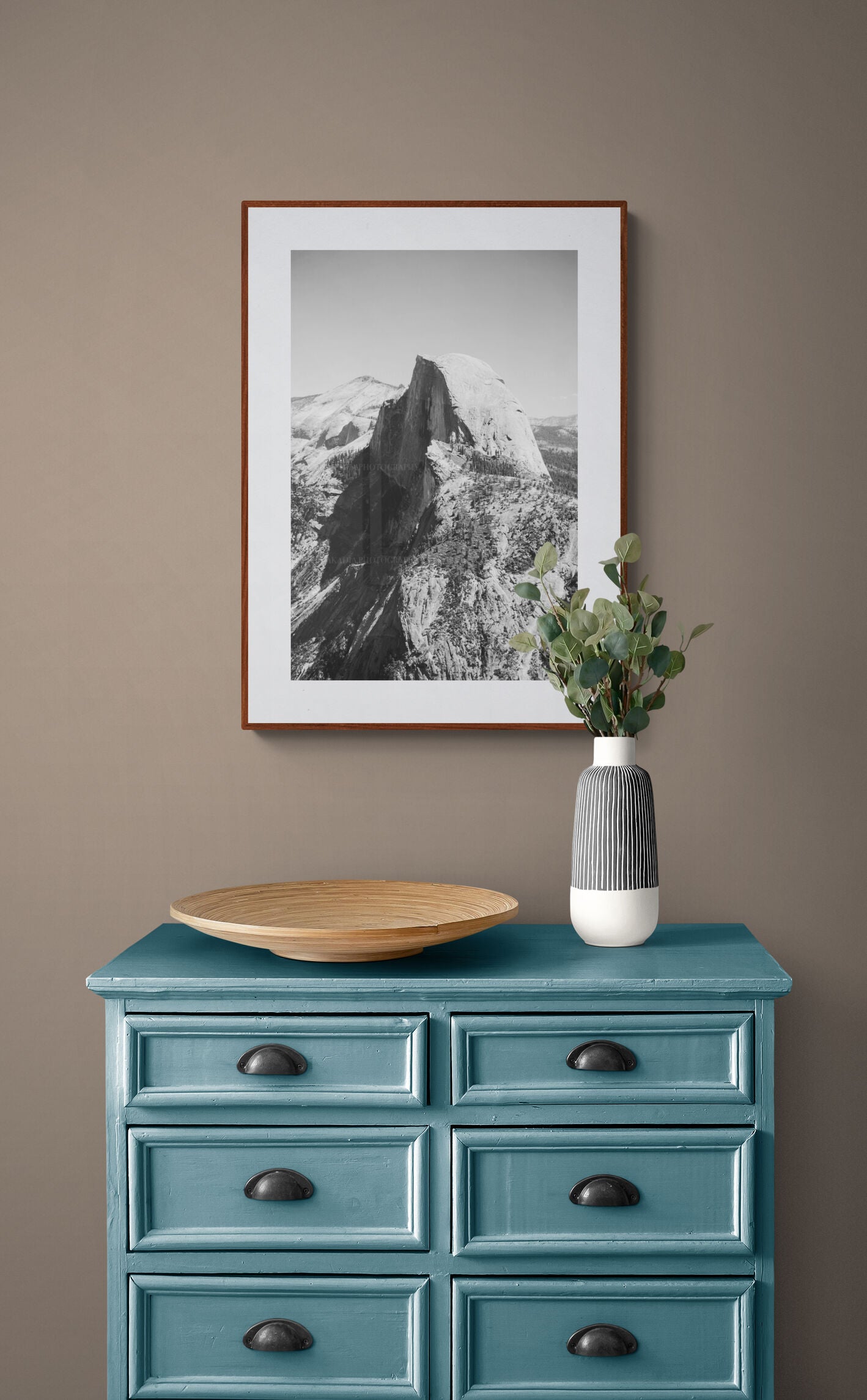 black and white photograph of half dome yosemite as entryway wall art decor