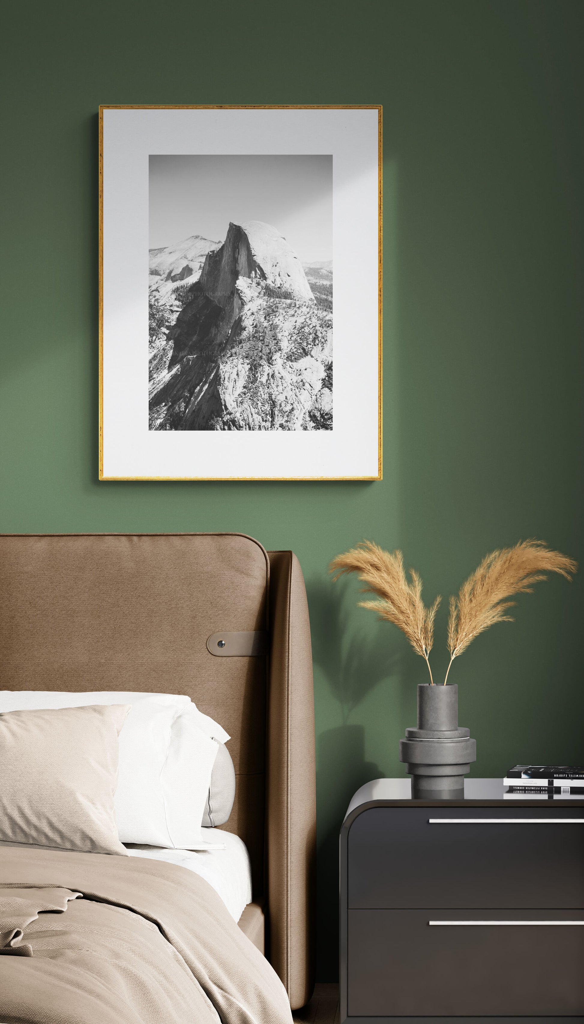black and white photograph of half dome yosemite as bedroom wall art decor