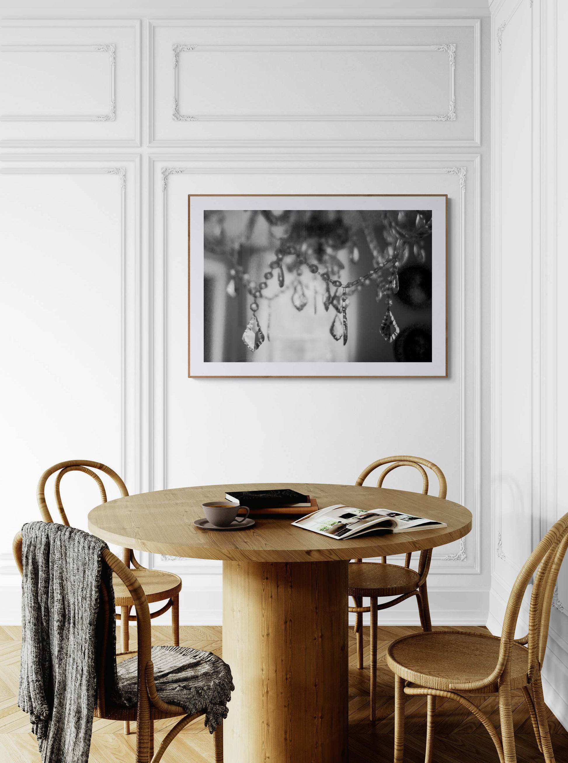 Black and White Photograph Wall Art Print of a Chandelier in a dining space