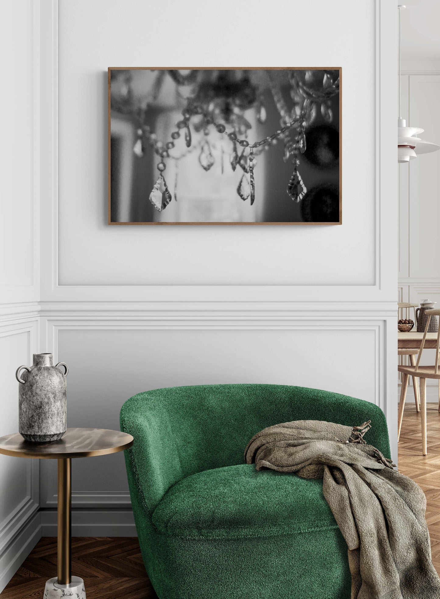 Black and White Photograph Wall Art Print of a Chandelier in a living room