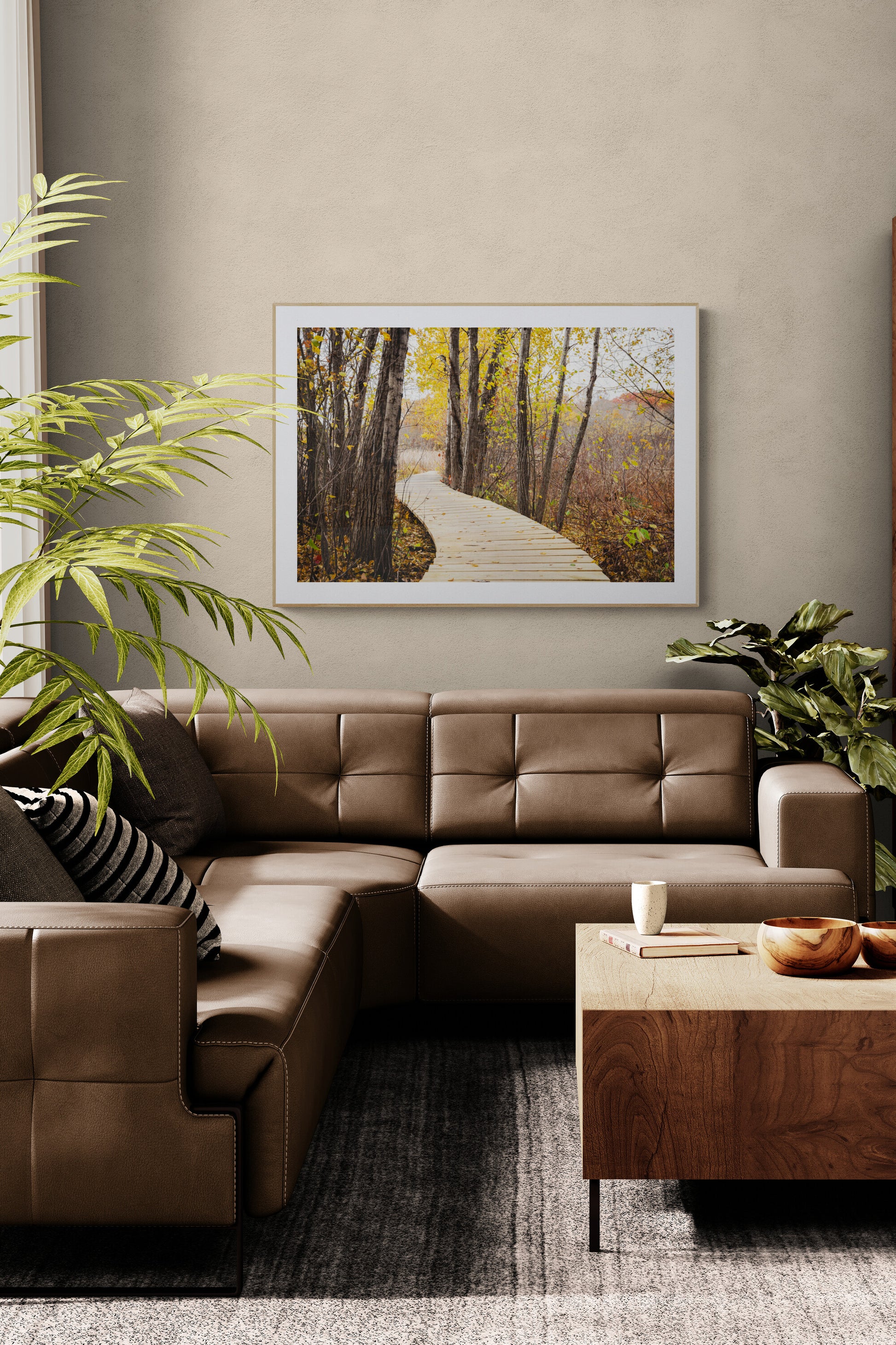 Nature Photograph of a boardwalk in fall foliage as wall art in a living room