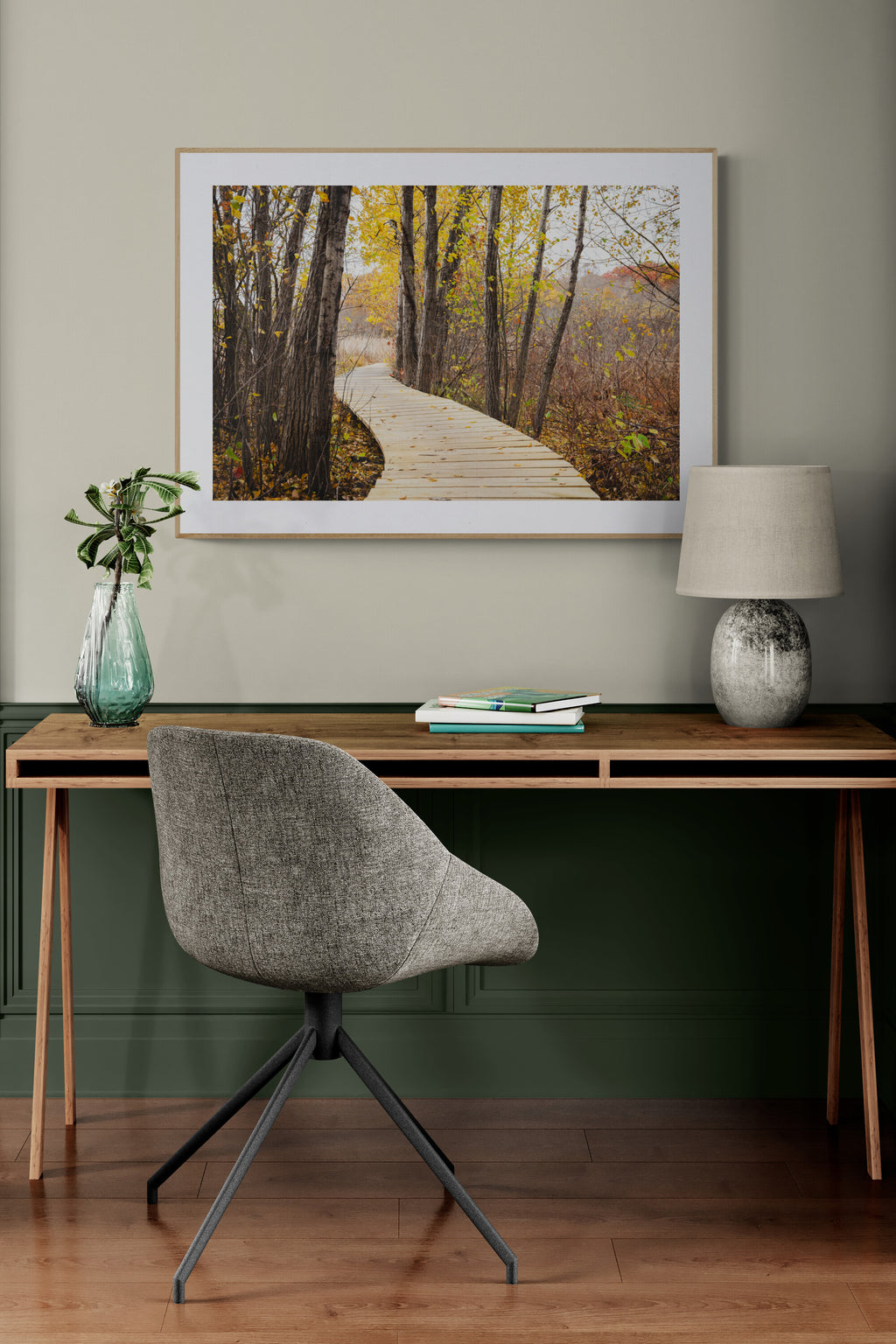 Boardwalk in fall foliage and autumn in nature photograph in a home office.
