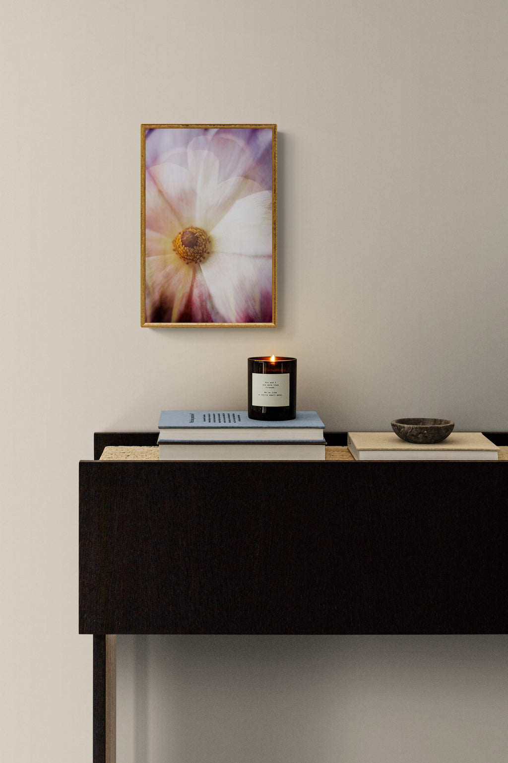 Floral artwork photograph print as room decor in an entryway.
