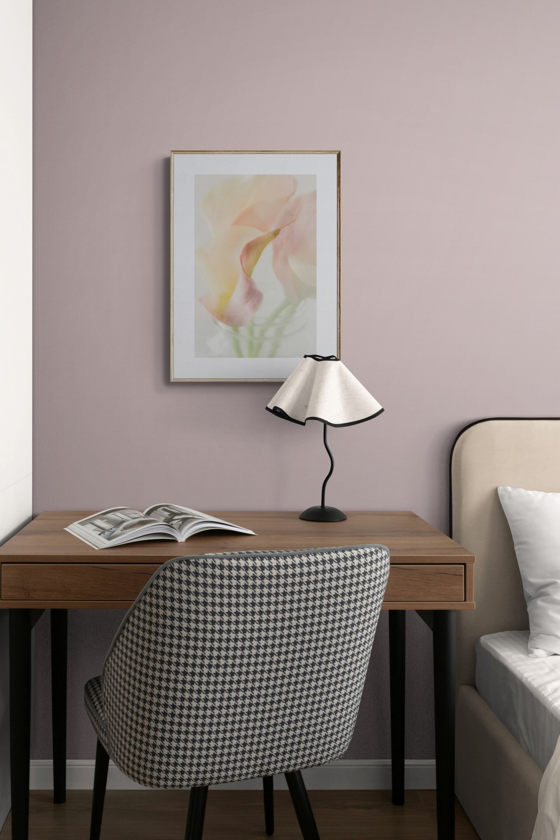 Photograph print of calla lilies as wall art in a bedroom