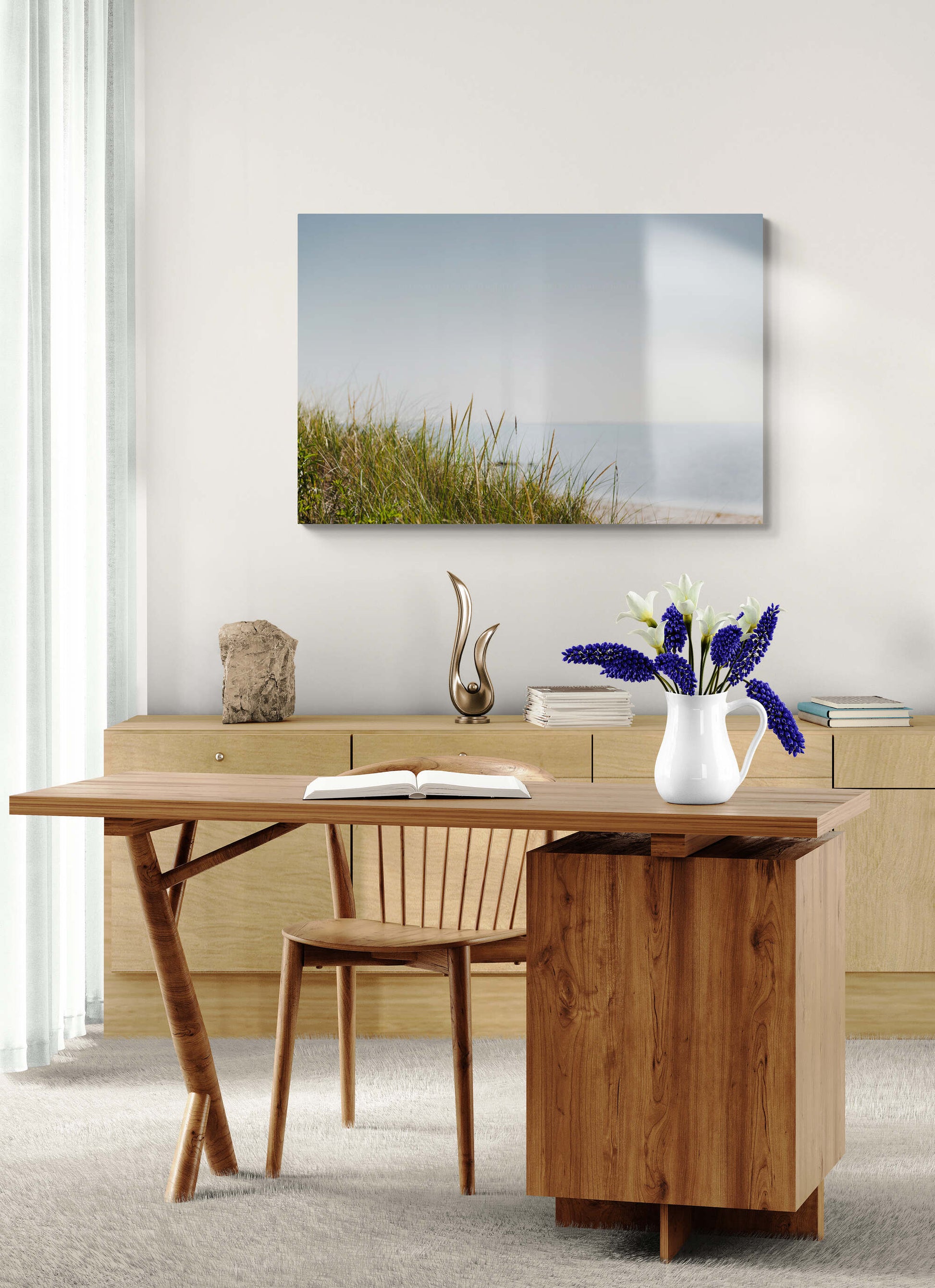 Calm beach photograph in home office as wall art