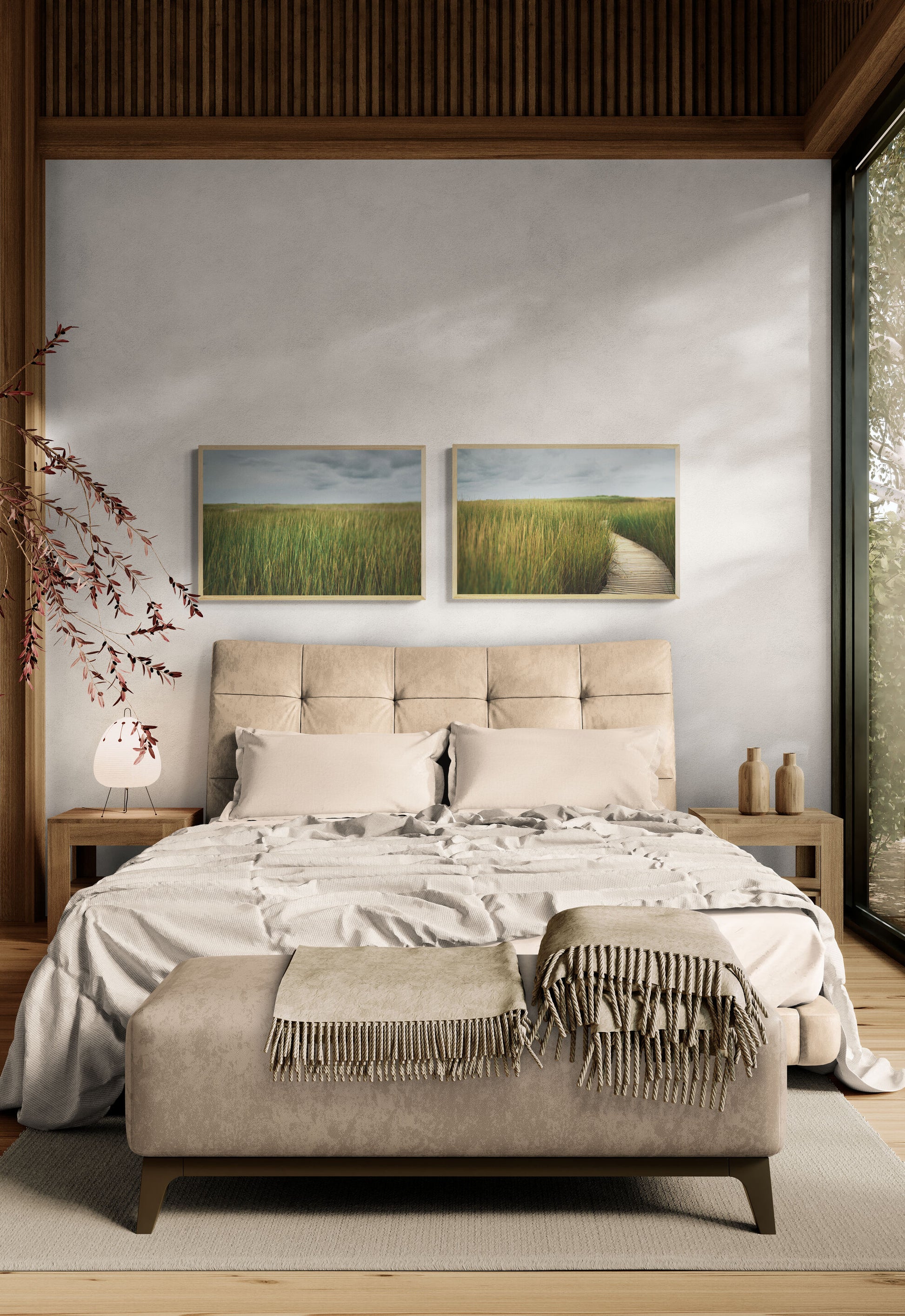 Calming beach photographs of sea grass and boardwalk on cape cod as bedroom wall art
