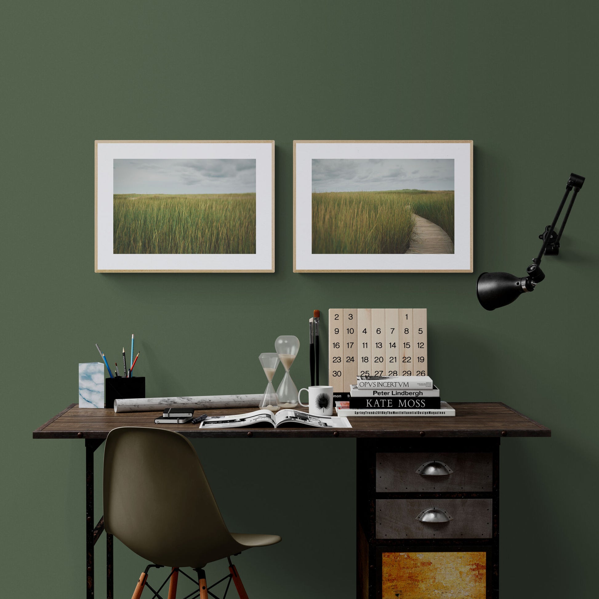 Calming beach photographs of sea grass and boardwalk on cape cod as home office wall art