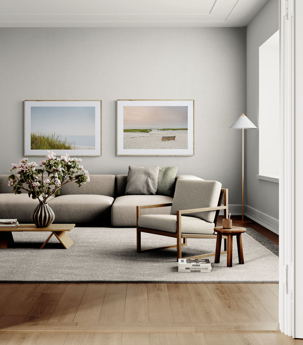 Cape cod beach themed photographs in a living room