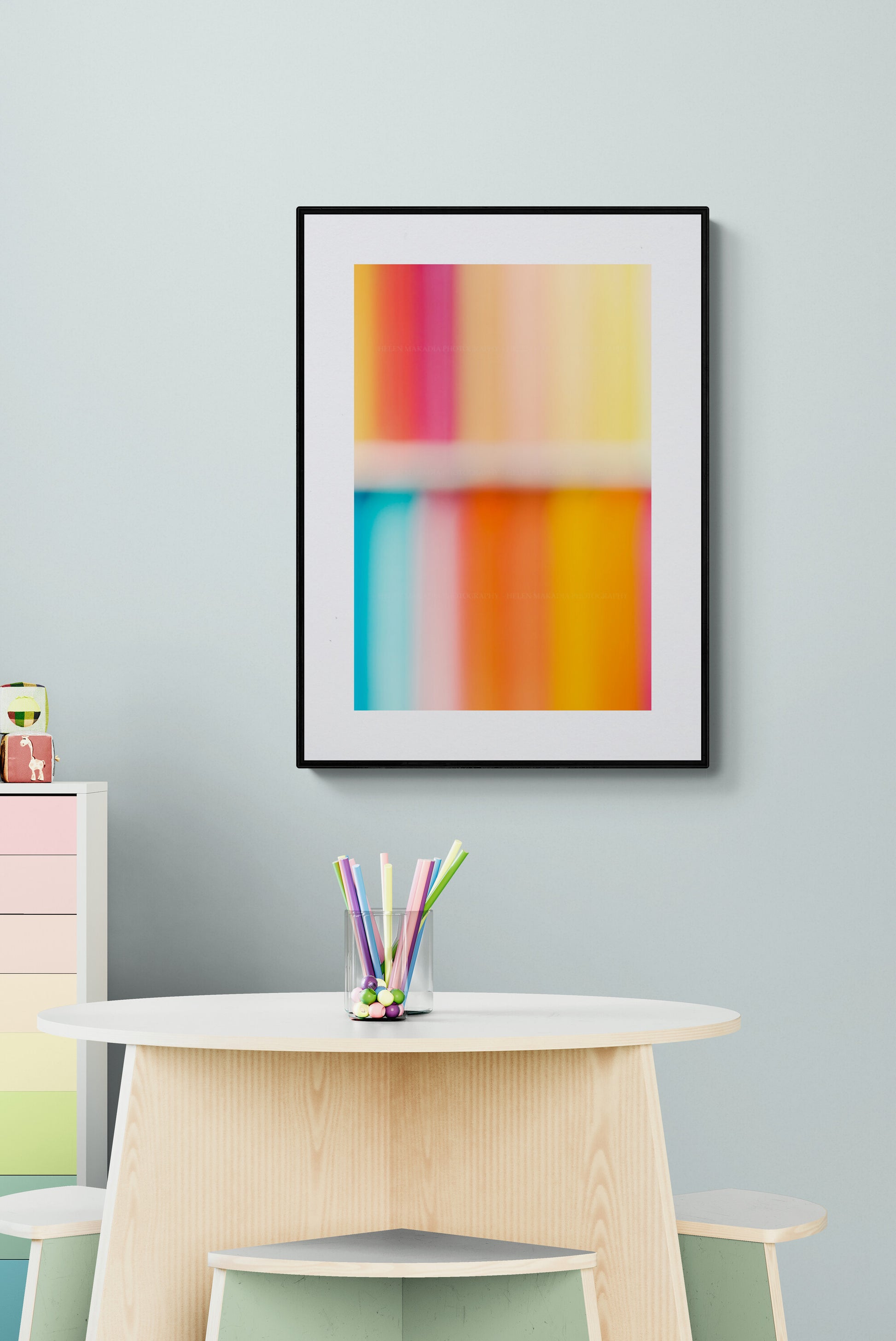A colorful abstract photograph in a colorful kids playroom.