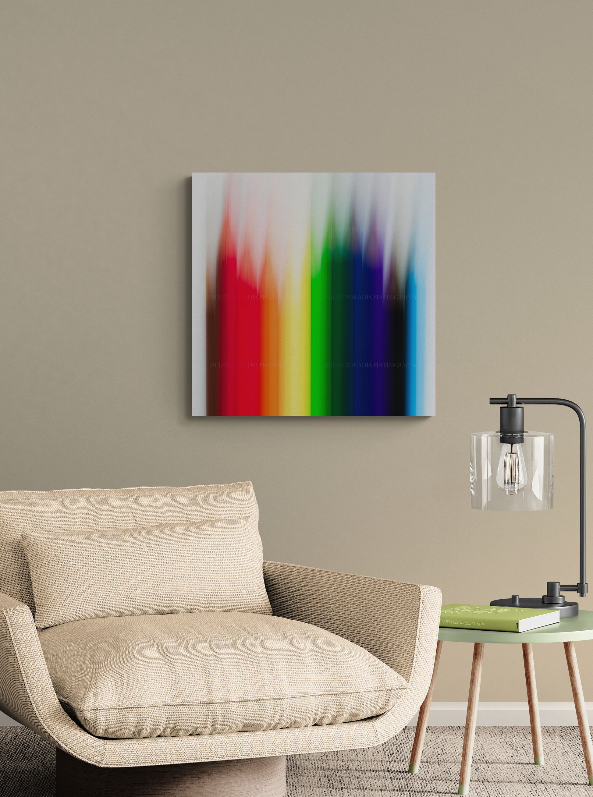 Colored pencils slow shutter photograph as wall art in a room