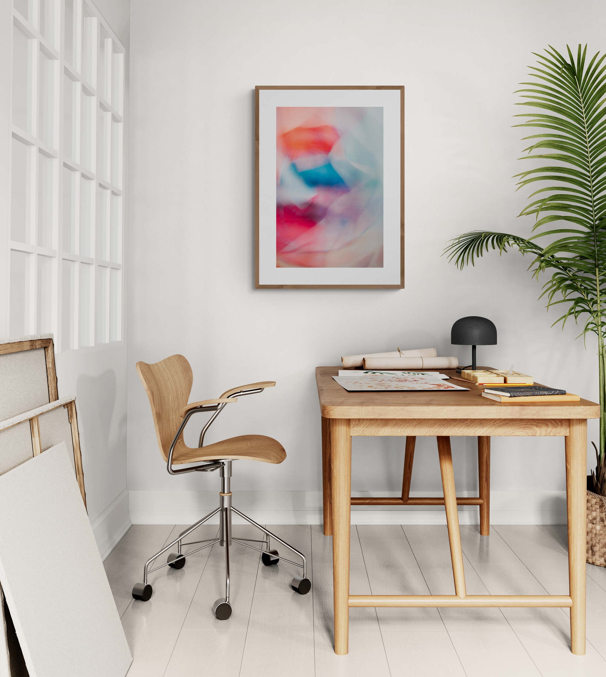 Colorful Abstract Petal Layers of wall art in a home office as wall art
