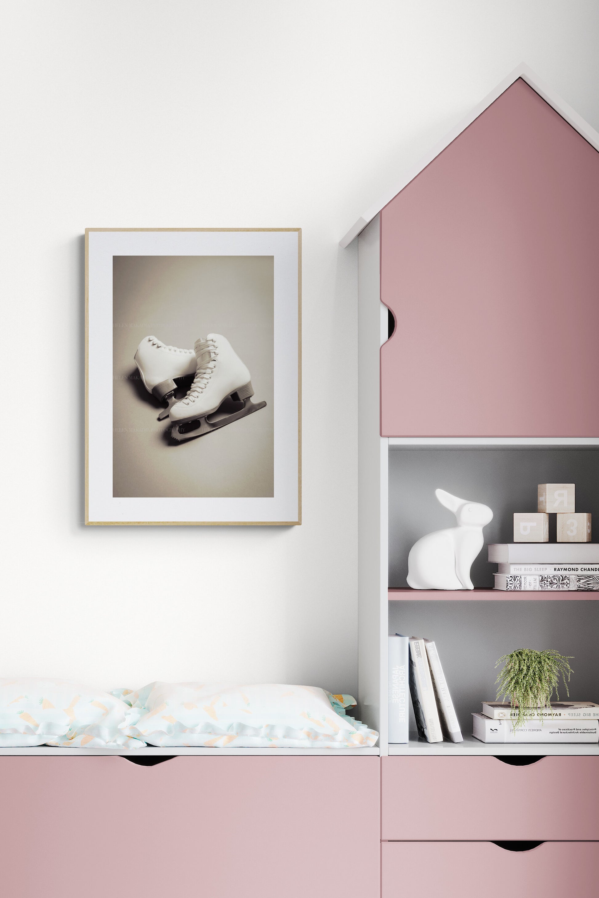 A BW photograph of a pair of figure skates as wall art for a child bedroom as inspo