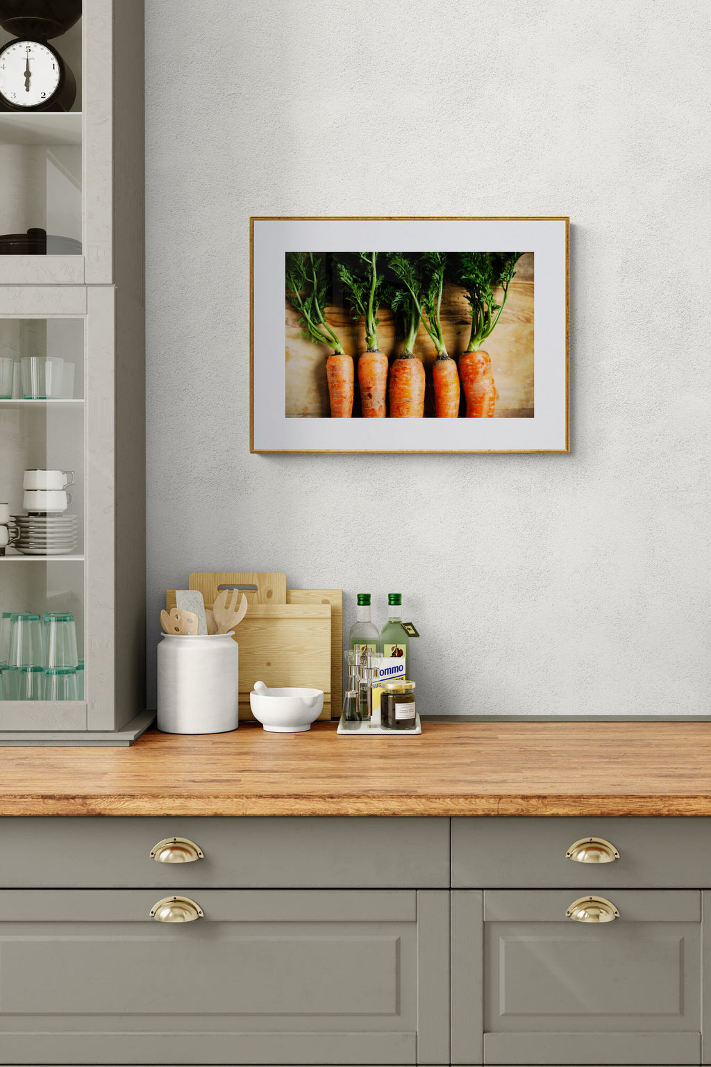 Photograph of freshly picked carrots as a wall art print for a kitchen.