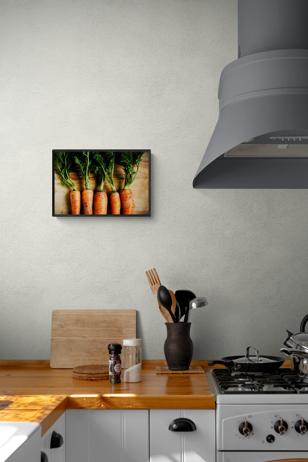 Photograph of freshly picked carrots as a wall art print for a kitchen.