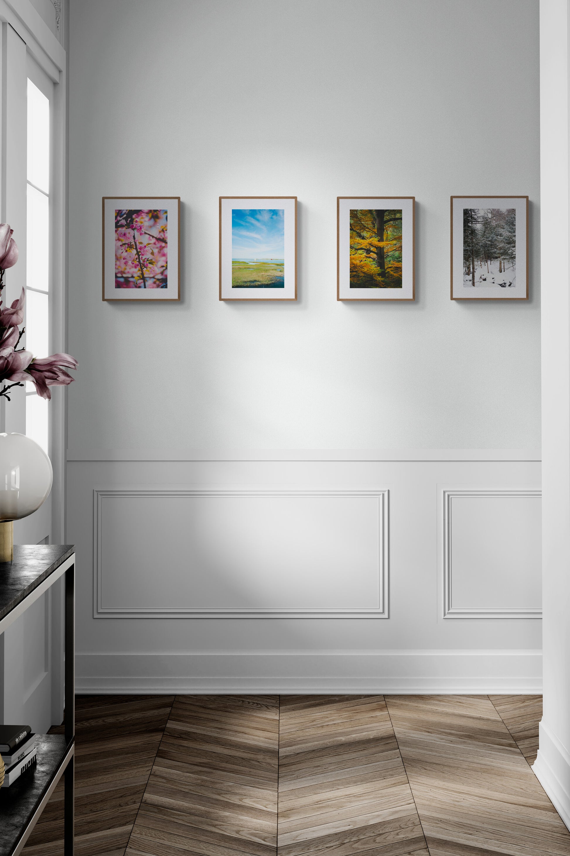 Gallery of 4 photographs showcasing seasons in New England and Massachusetts in a hallway.